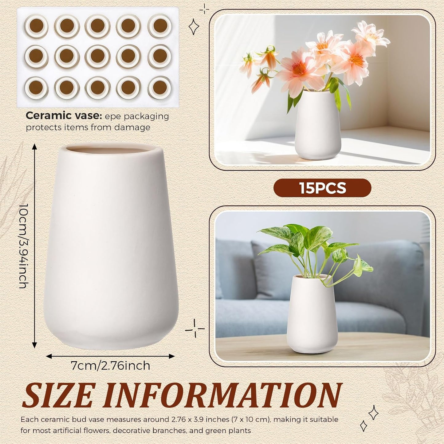 Ceramic Bud Vases Bulk Boho Small Flower Vase Ceramic Vases / 3.9"*2.76 / Basic / White / Set of 15
