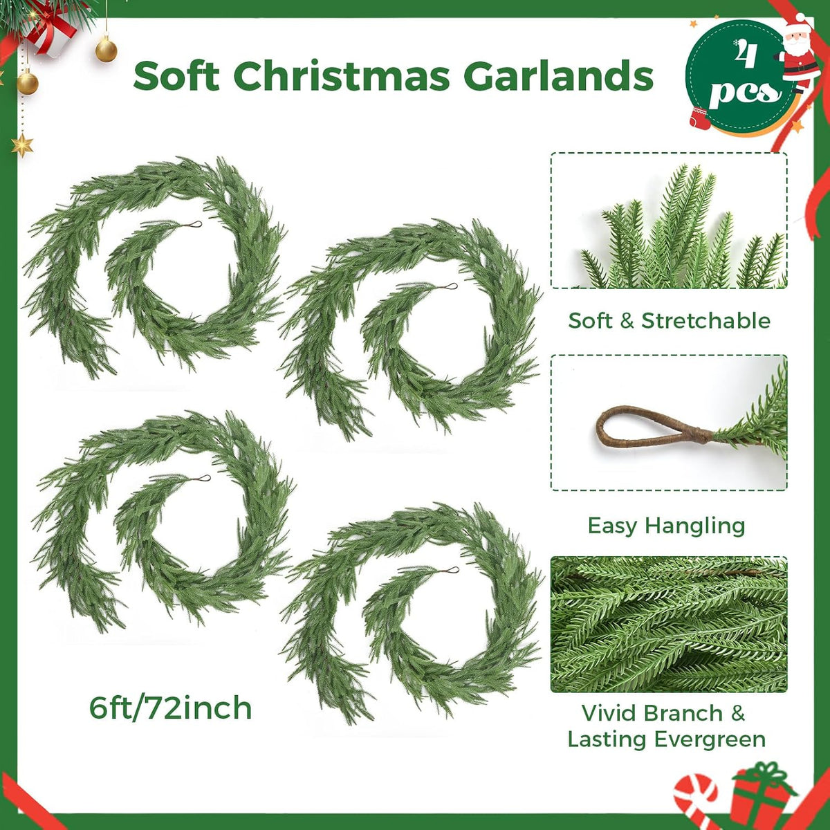 6 FT 4Pcs Christmas Norfolk Pine Garlands, Real Touch Pine Garland, Winter Artificial Greenery Xmas Garland for