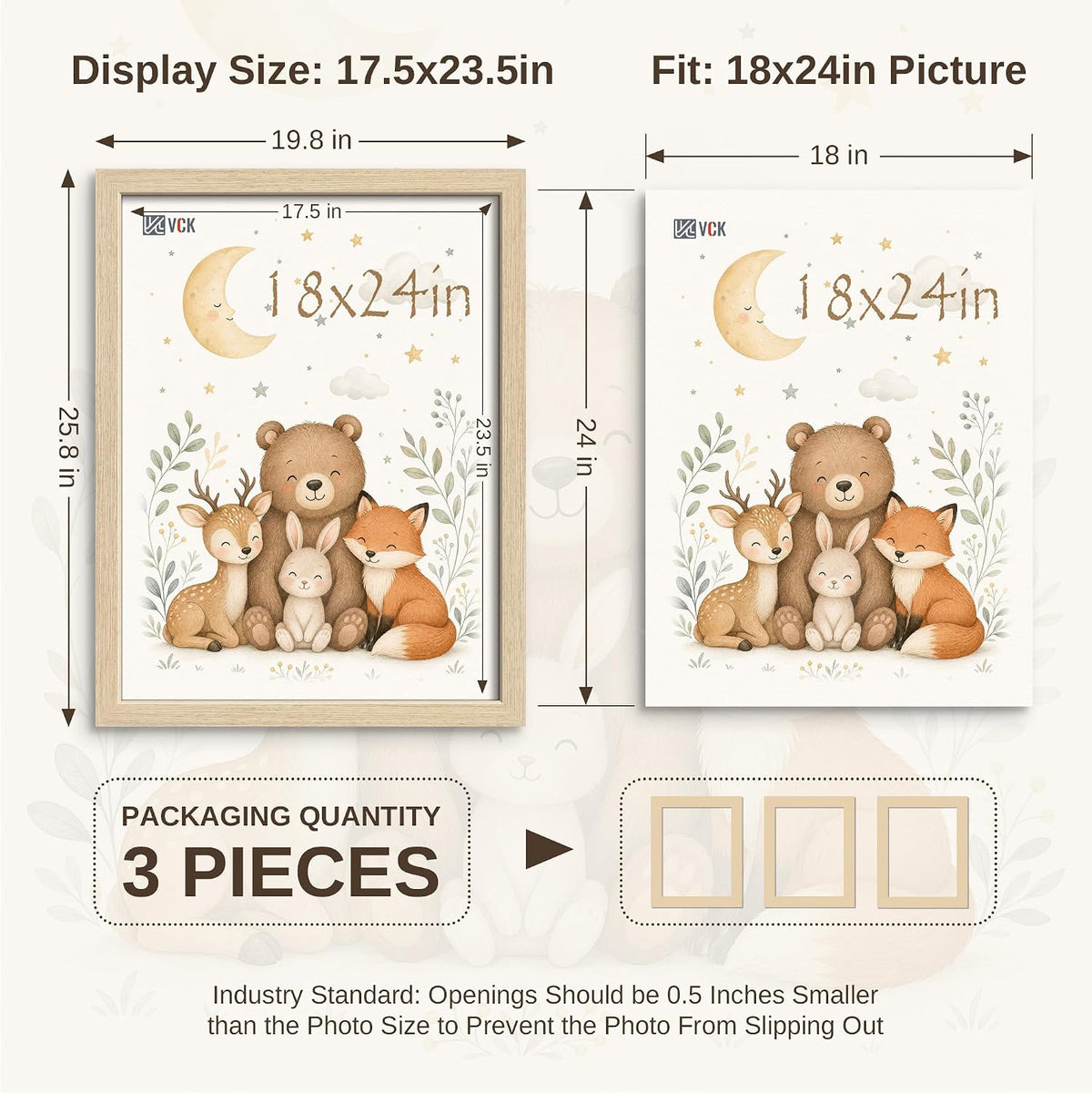 VCK 18x24 Poster Frames Set of 3, Natural Oak Woodgrain, Wall Hanging | Wide Border, Exclusive Woodgrain, Shatterproof