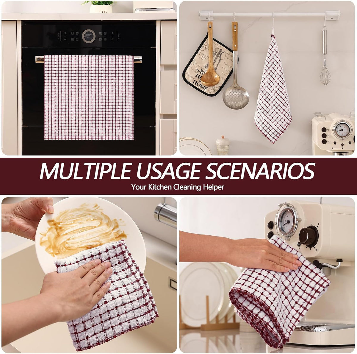 Homaxy Kitchen Towels and Dishcloths Set, Set of 12, Burgundy | Cotton Terry Kitchen Dish Towels, Super Soft and