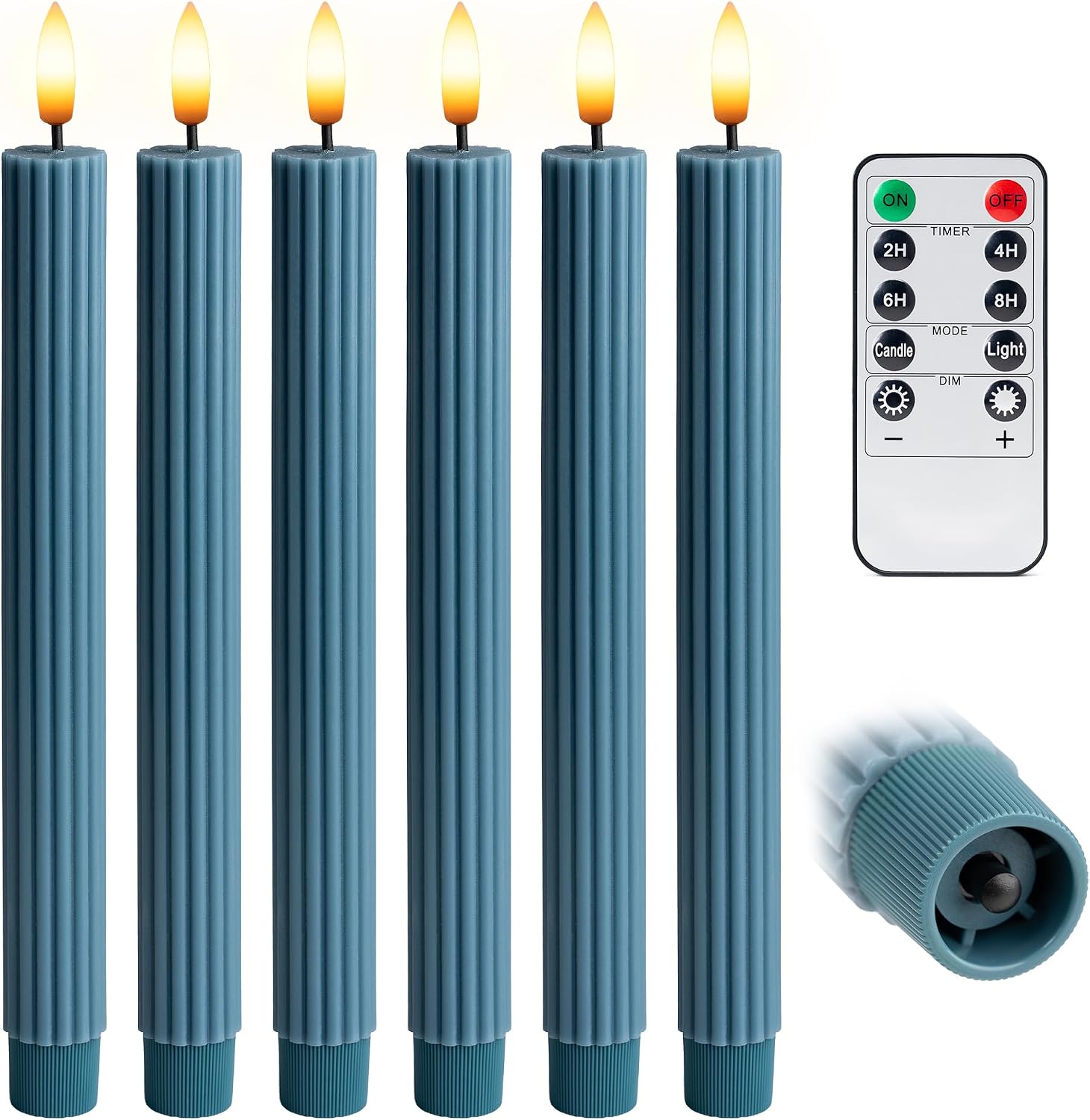 10" Fluted Ribbed LED Blue Grooved Real Wax Taper Candles, Remote & 24h Timer Memory, On/Off Switch - Flameless