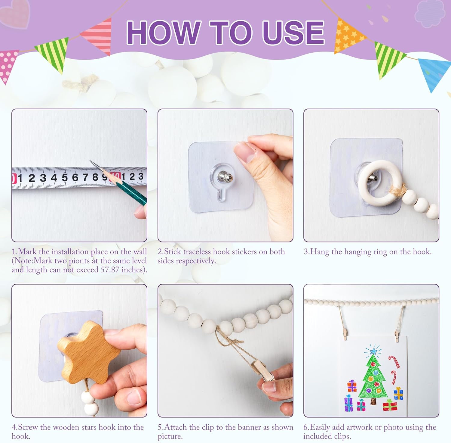 Kids Artwork Display Art Wall Decor Boho Wooden Beaded Garland Collage Holder / Natural / 4.93 Inch