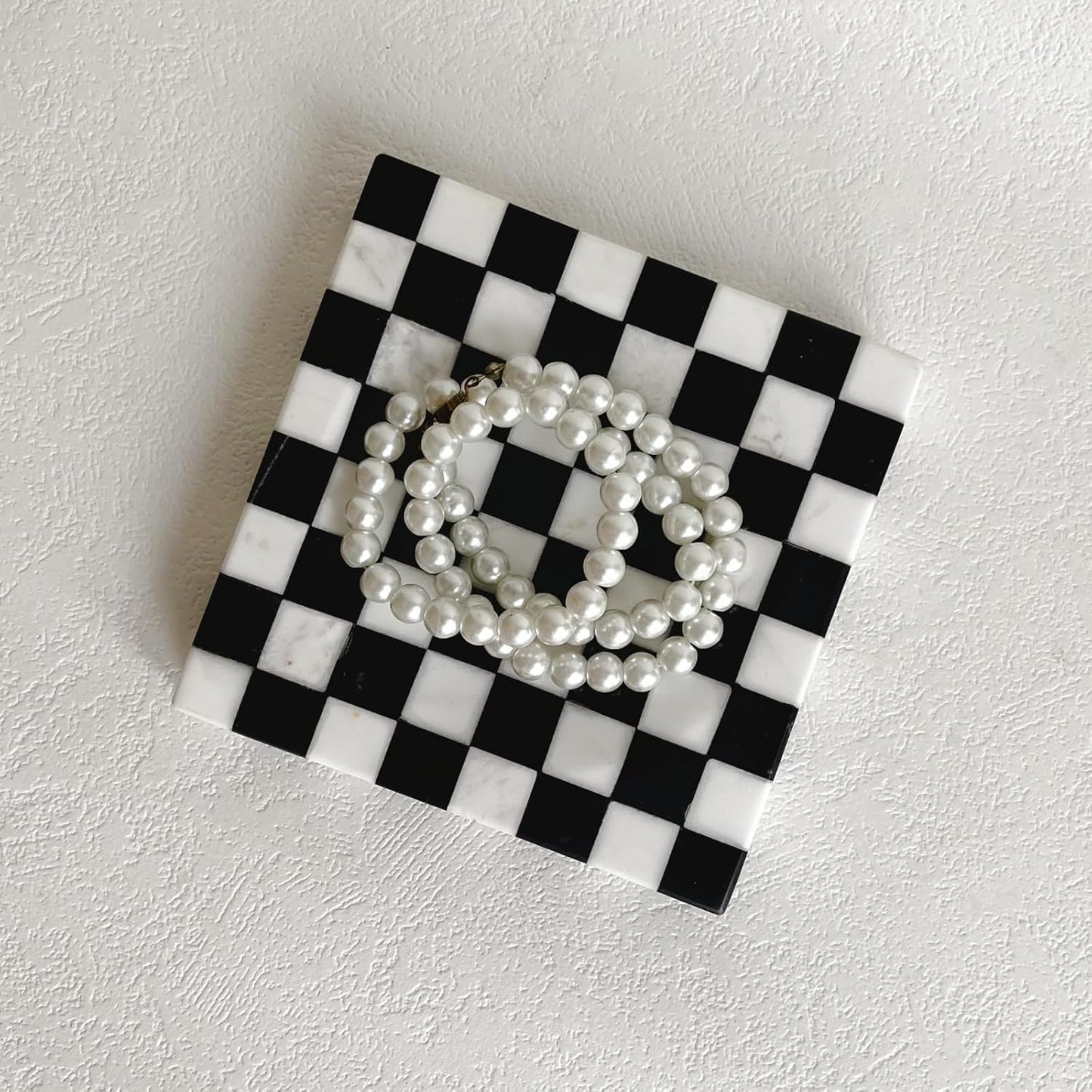 Marble Stone Checkerboard Square Small Splicing Mosaic Tray Jewelry Dish / Black and White
