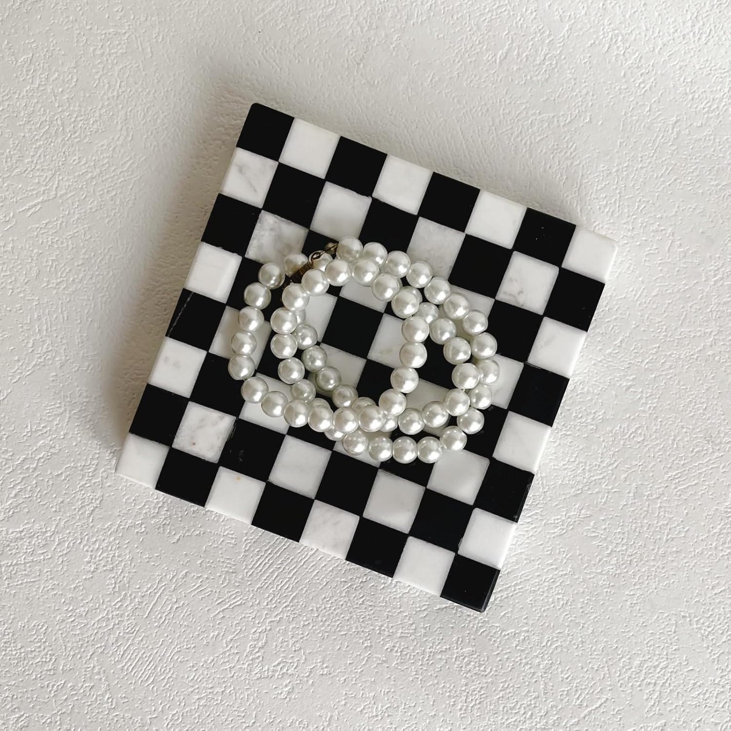 Marble Stone Checkerboard Square Small Splicing Mosaic Tray Jewelry Dish / Black and White