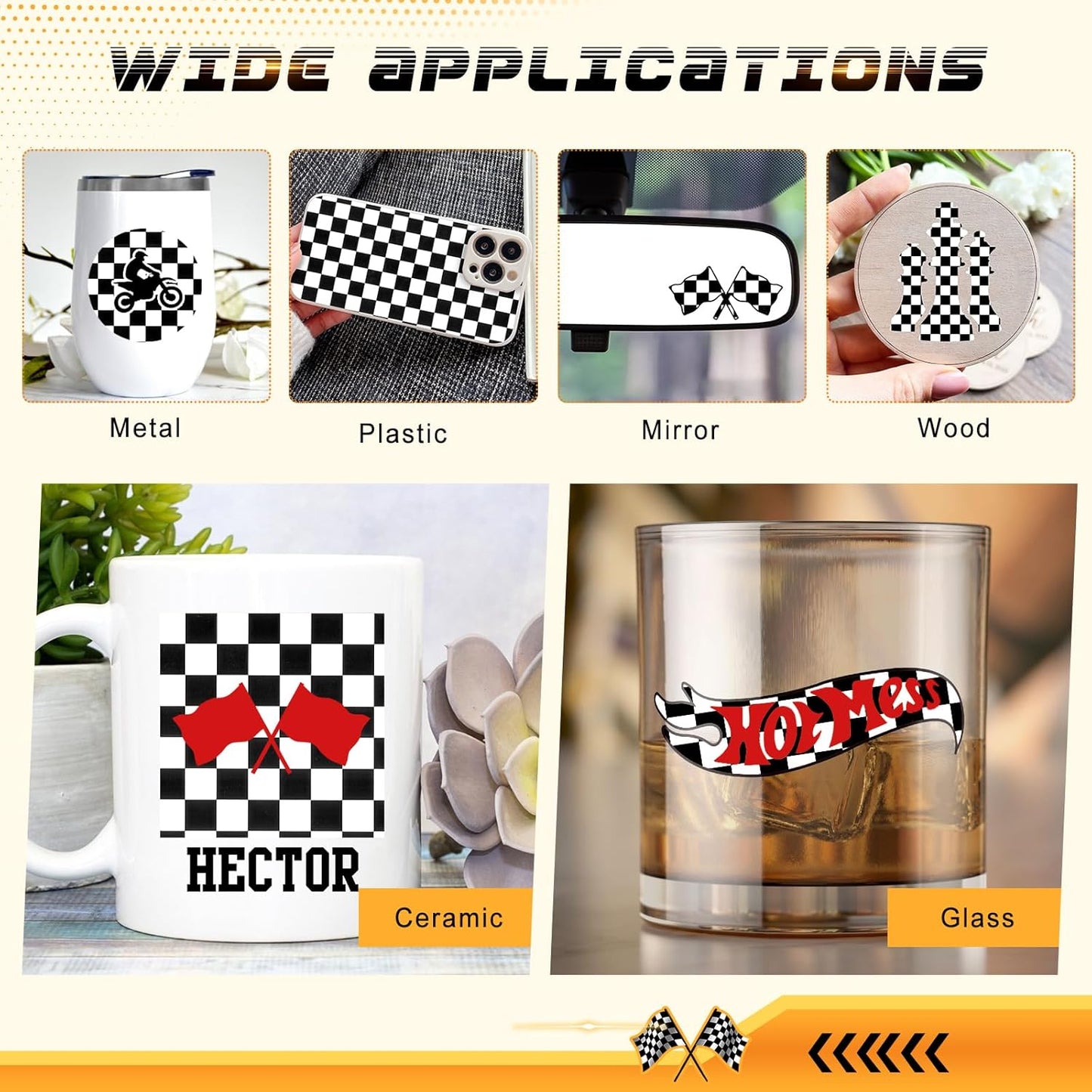 12'' x Racing Falg Patterned Adhesive Vinyl for Mugs Decors Self Adhesive / Checked / Black / 8 Inch