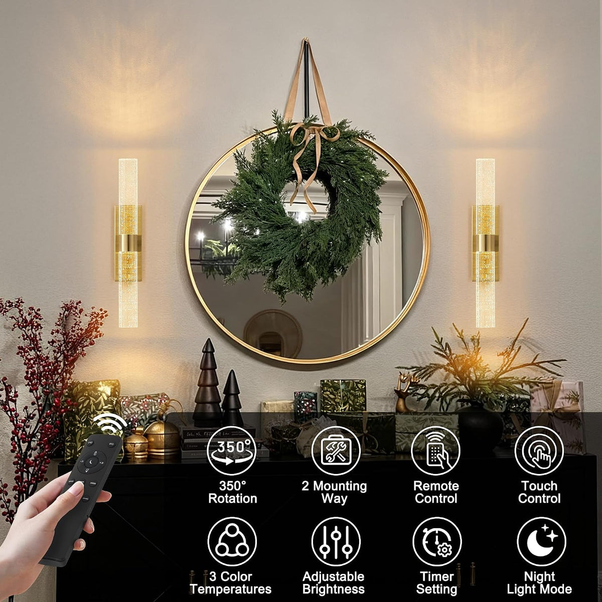 KARTOOSH Gold Battery Operated Wall Sconce Set of Two with Remote Control | Rechargeable Wireless Wall Decor Light