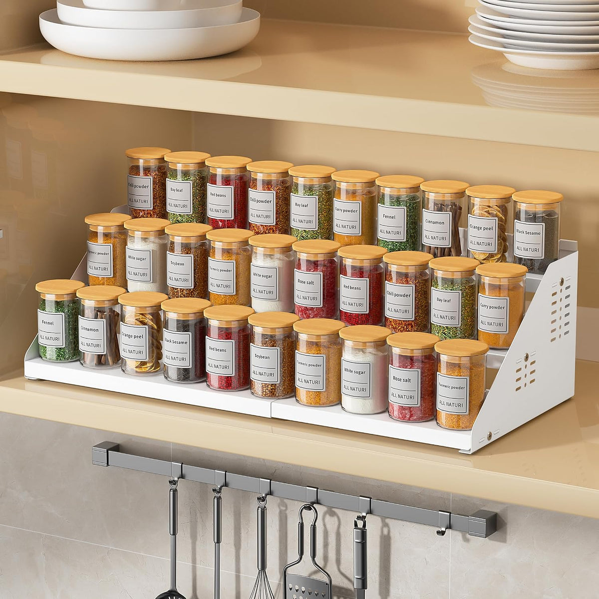 BOIVSHI 3 Tier Expandable Spice Organizer for Cabinet, White | Metal Shelves with Adjustable Height Spice Storage for