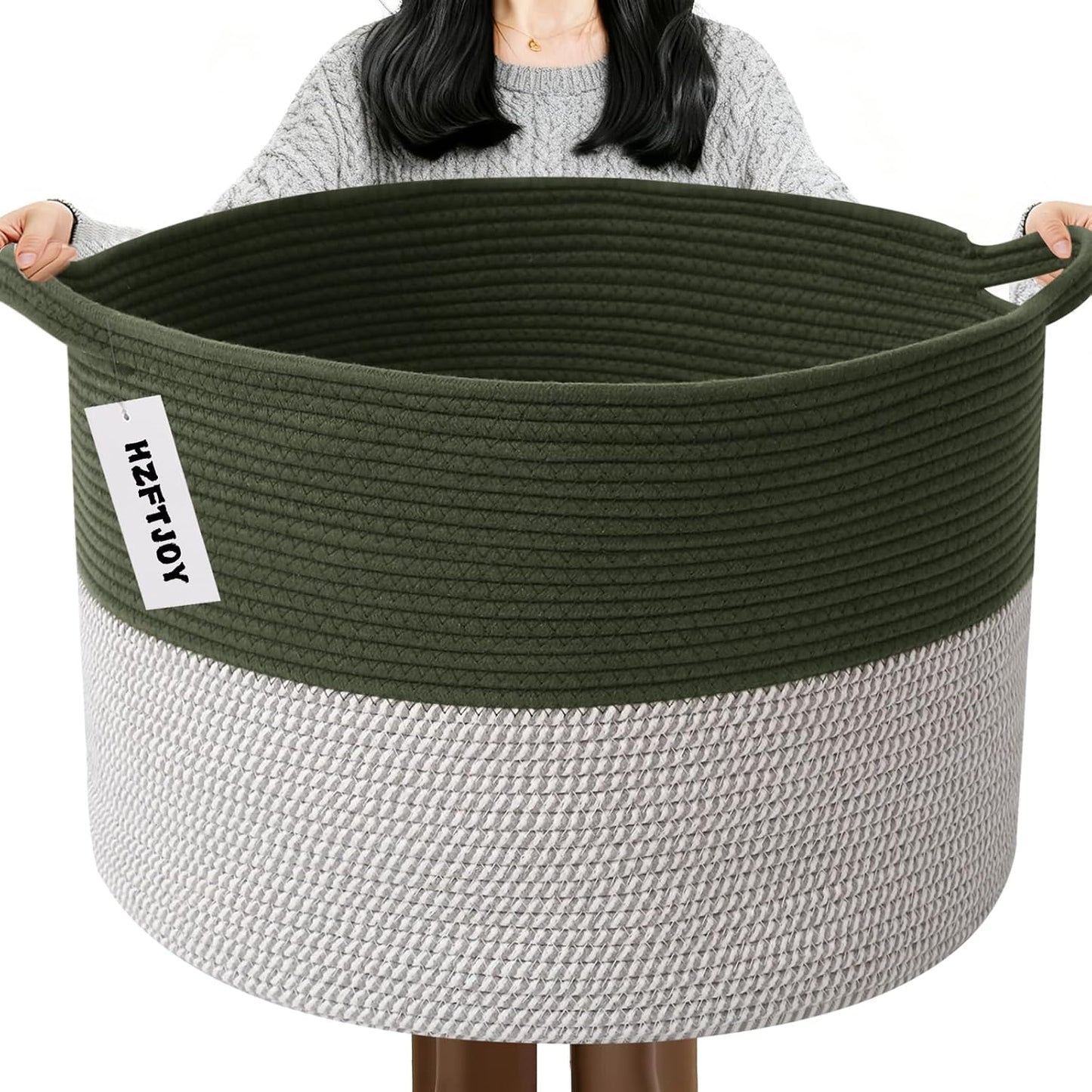 65L Large Blanket Basket,Woven Rope Laundry Basket-Green&White