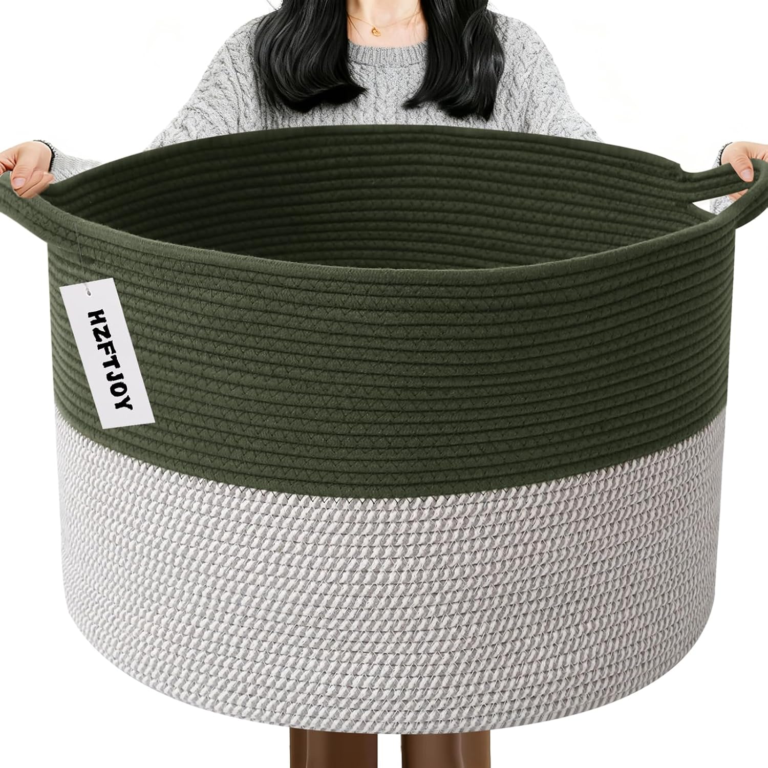 115L Extra Large Blanket Basket,Woven Laundry Basket-Green&White