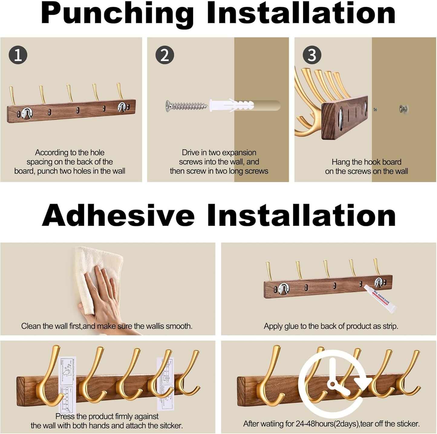 17.3" Small Walnut Wood Coat Rack Wall Mount / Gold 5 Hooks Wall Coat Rack