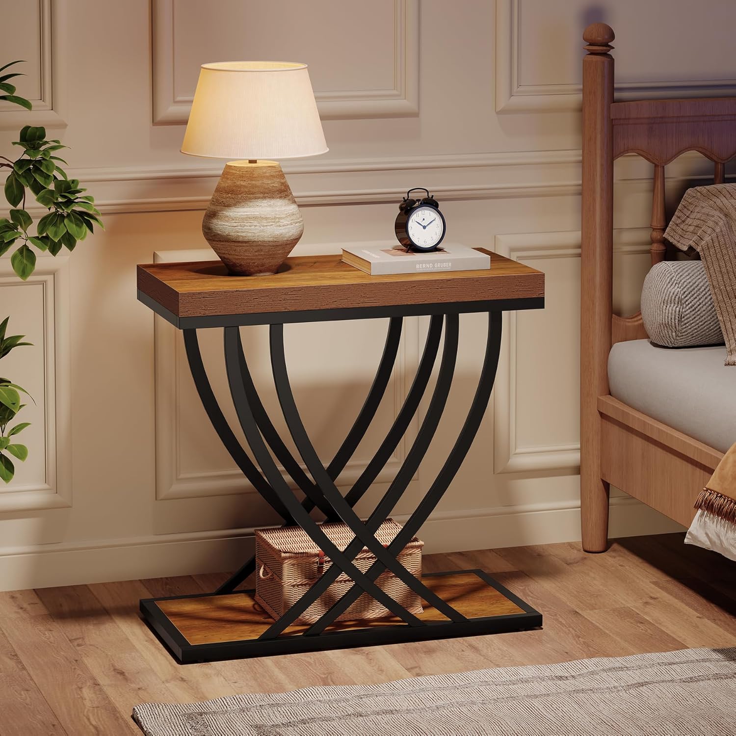 Metal Frame / 2-Tier Narrow End Table / Rustic Brown