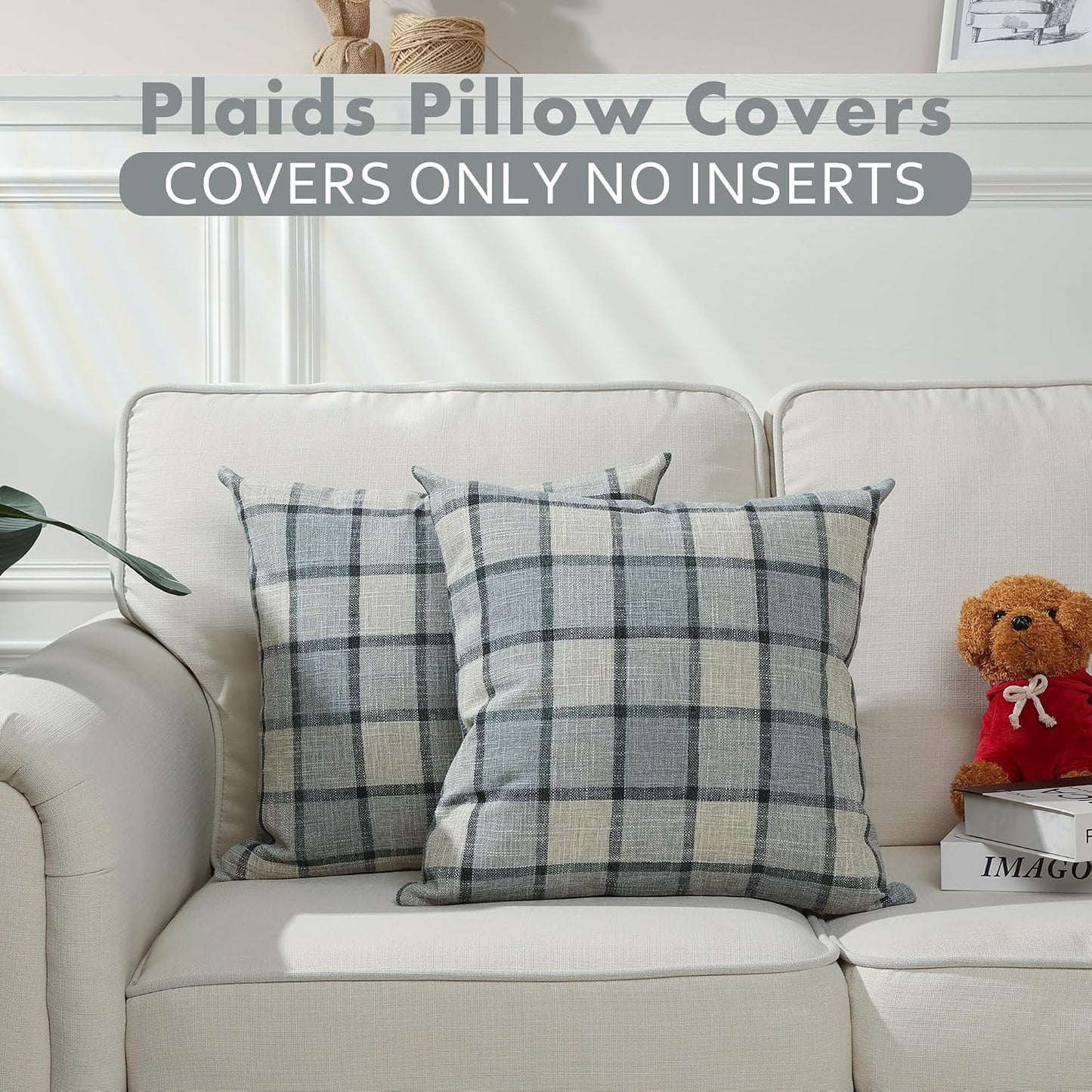 Farmhouse Plaid Decorative Cushion Covers / 24 x 24 / Check-light Grey / Set of 2