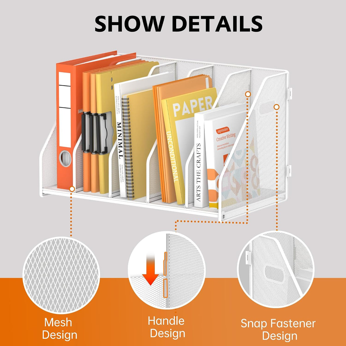 Binder Organizer, Magazine File Holder with 5 Vertical Rack, White | Metal Desk File Organizer & Binder Holders