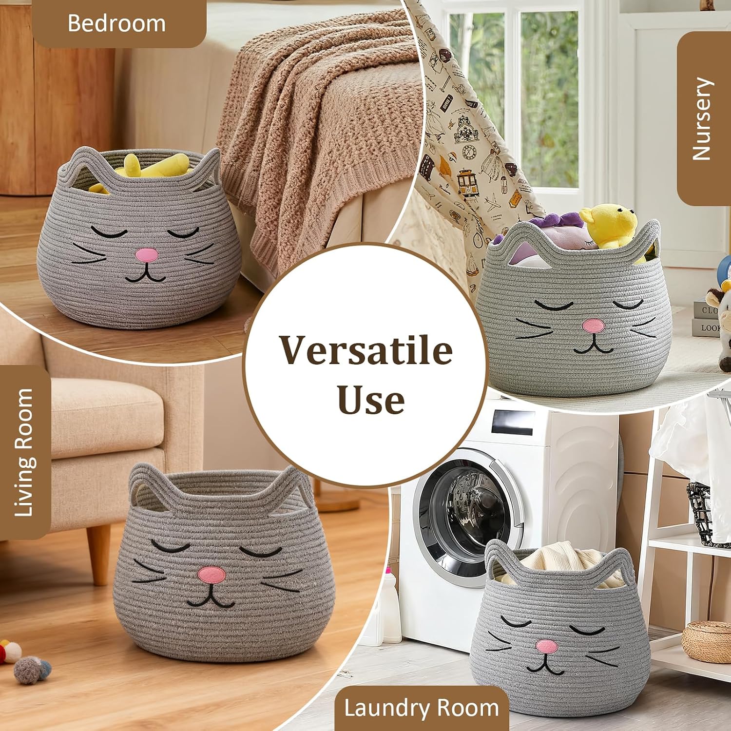 Animal Baskets Large Woven Cotton Rope Storage / Grey / Cute Grey Cat