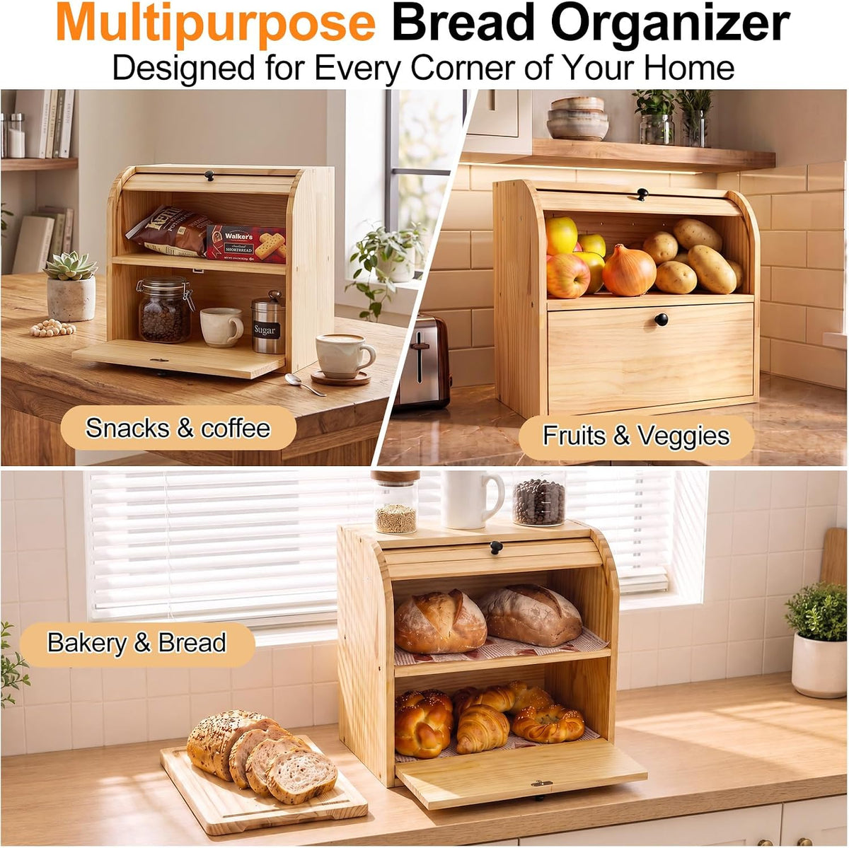 Alpeir Roll Top Bread Box with Cutting Board for Kitchen Countertop | Large Breadbox with Ventilation Holes, Double
