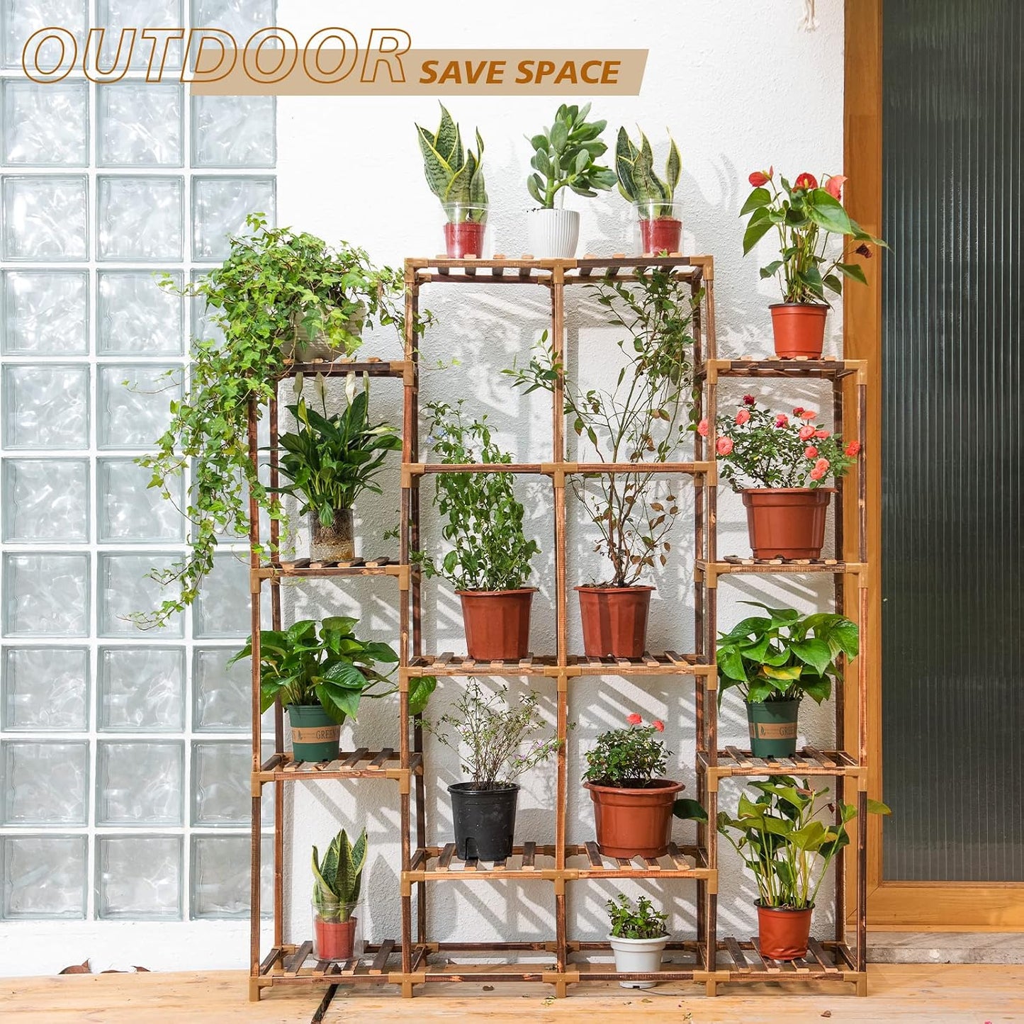 Plant Stand Indoor Outdoor, 14 Tiered Plant Shelf Wood Plant Rack | Tall Plant Holder for Multiple Plants, Large Ladder