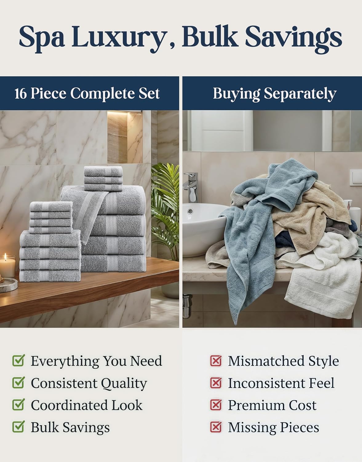 LANE LINEN Towel Set Soft Absorbent Quick Dry 100% Cotton 16 Piece - Grey | Cotton Bath Towels - Lightweight &