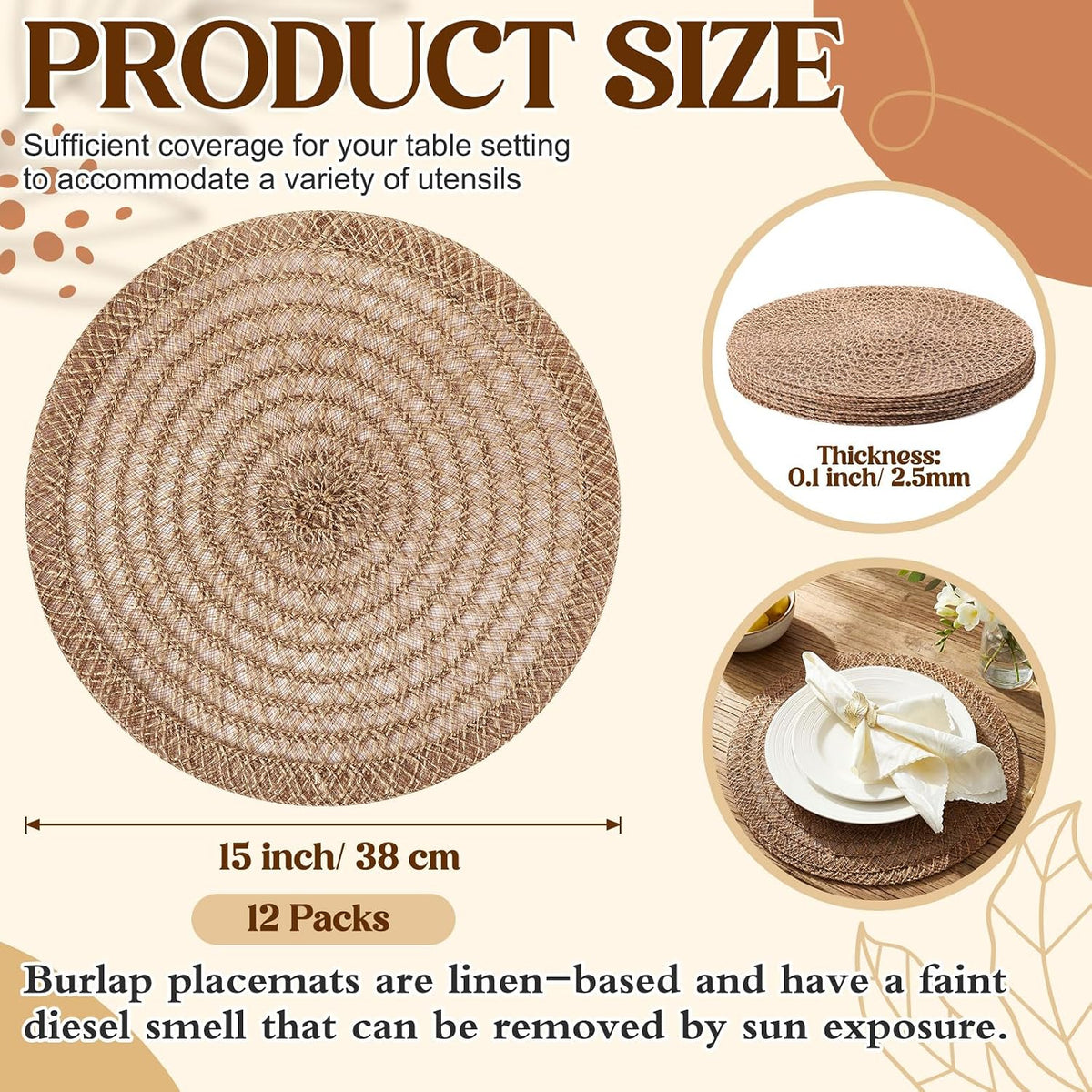 15 Inch Round Woven Placemats Set of 12 Burlap Boho Jute Charger Bulk Rustic Vintage Natural Brown Heat Resistant