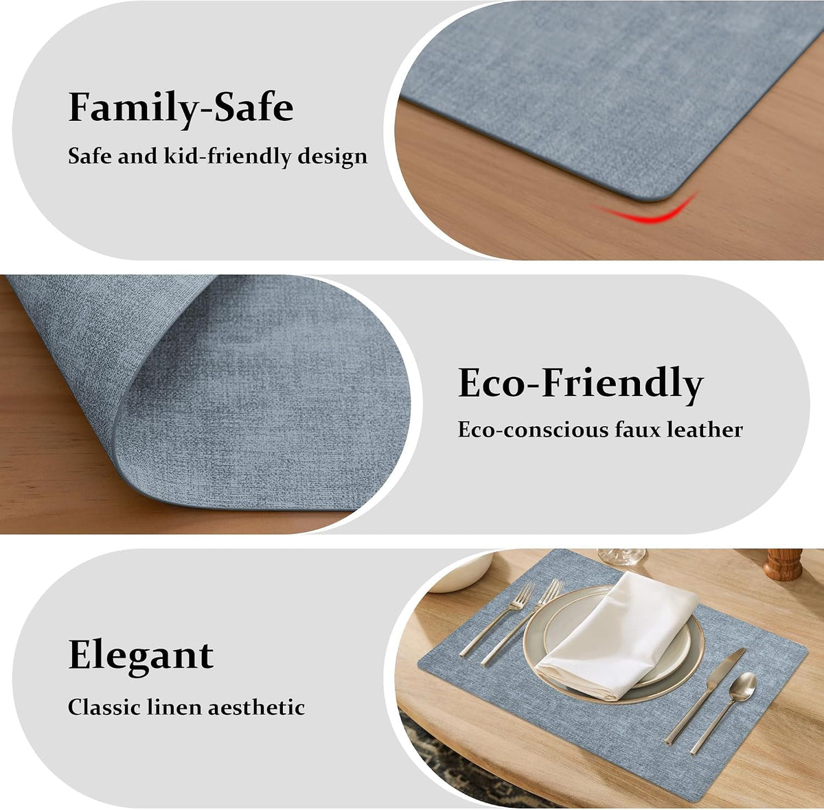 FROMHEART Faux Leather PU Placemats Set of 8 (Light Blue,11.8" x 17") | Waterproof,Heat/Oil Stain-Resistant Table