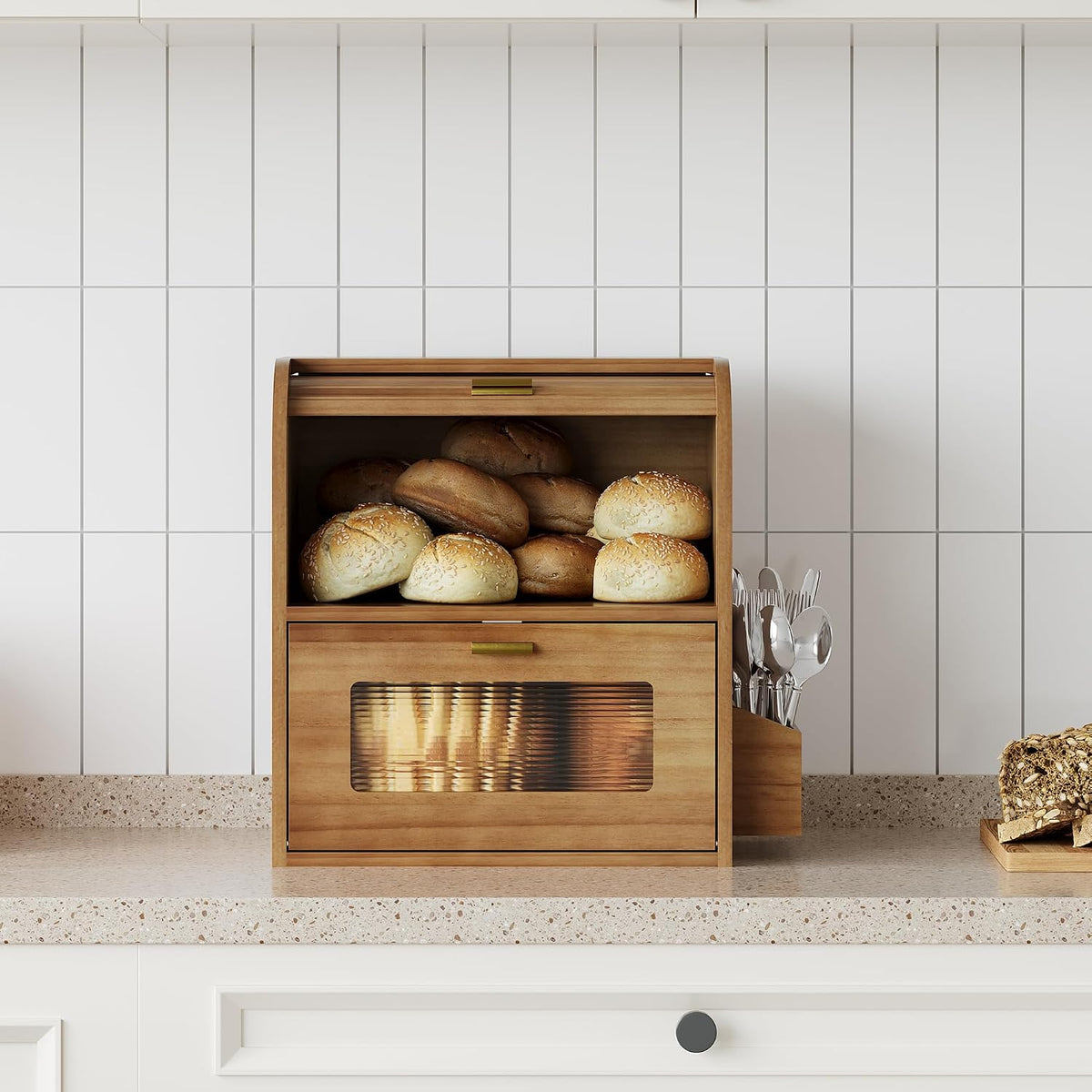 TQVAI Roll Top Bread Box for Kitchen Countertop, Keep Fresh Longer, Easy to Maintenance, Double Layer Vintage Wooden