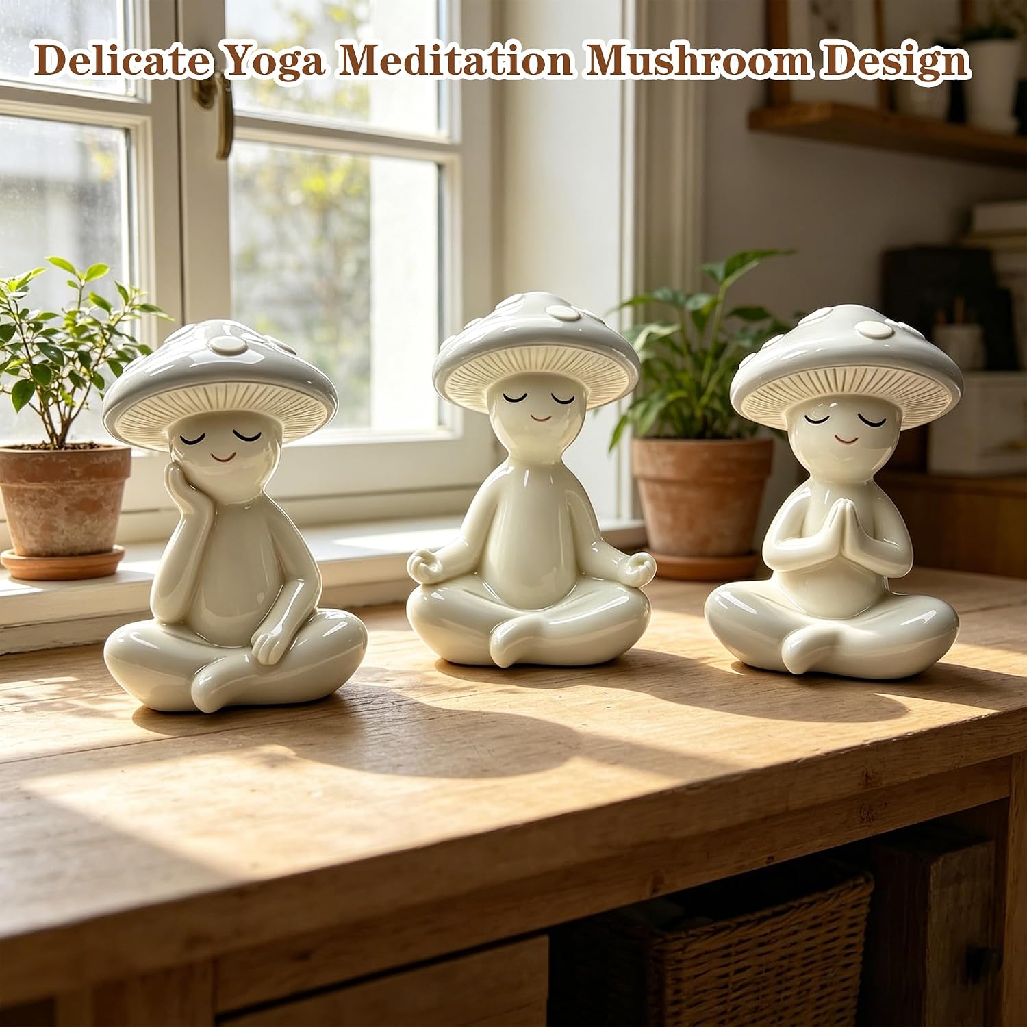 Resin Figurine / Meditation Mushroom Decor Statue / Brown / Set of 3