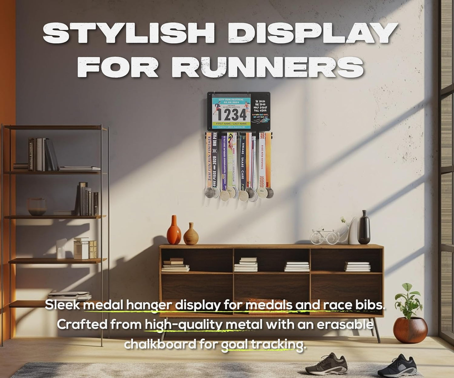 Marathon Medal Display and Race Bib Holder for Runners, Metal Wall Hanger | Holds 50 medals, 40 bibs on a sleek metal