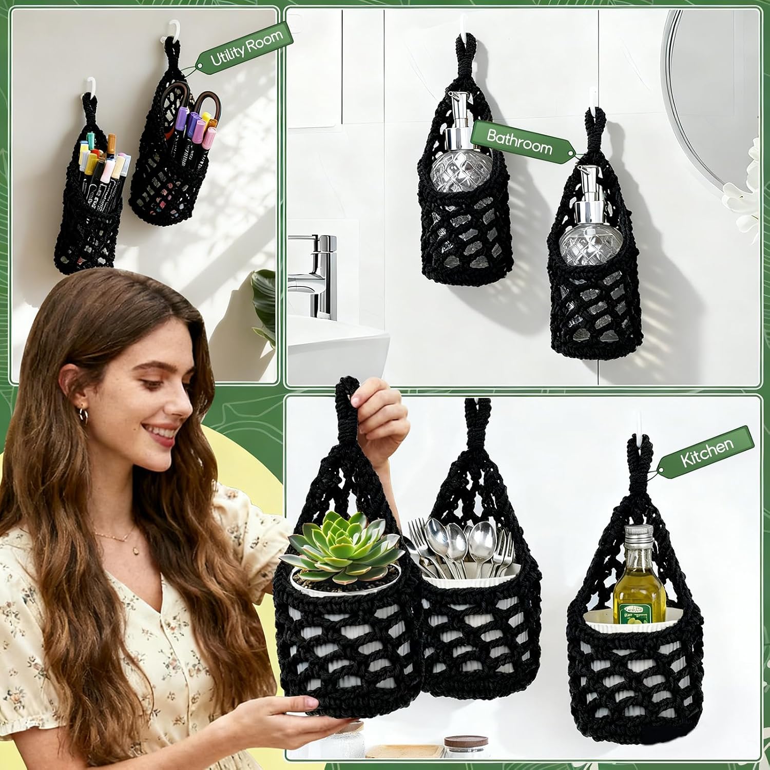 Macrame Wall Plant Hanger / Black / 4-inch / 4 Inch