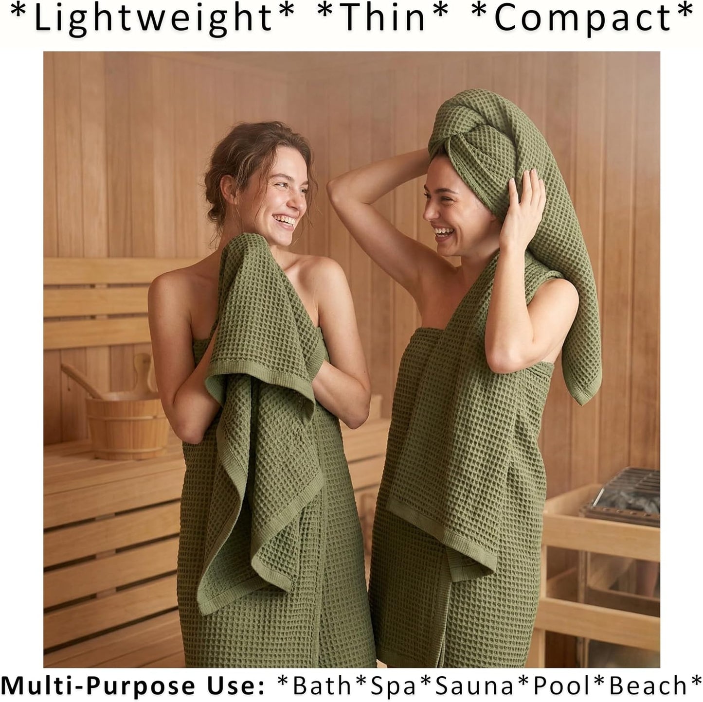 PÜSKÜL Natural 100% Turkish Cotton Waffle Bath Towels Set of 2, Extra-Large | Khaki Green, Oversize 32x63" Bath sheet