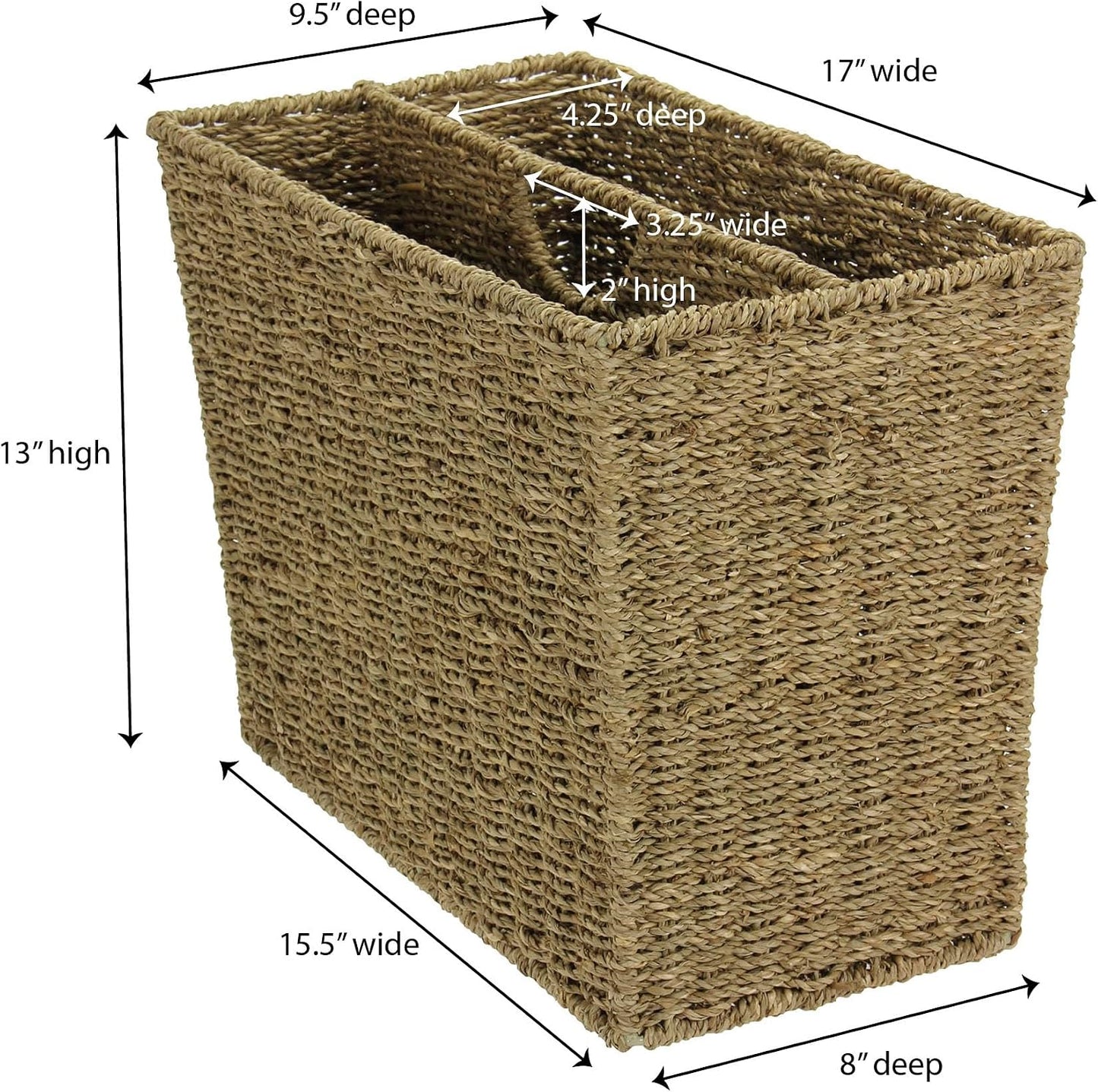 Household Essentials Wicker Magazine Rack, Handwoven Seagrass, Strong Metal Wire Frame, Built-In Handle and Divider