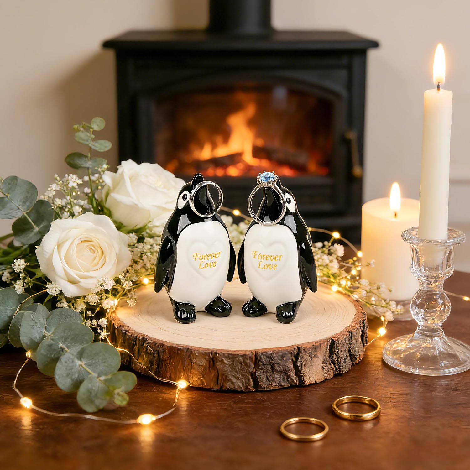 Ceramic Penguin Figurines Forever Love Anniversary Birthday / Set of 2