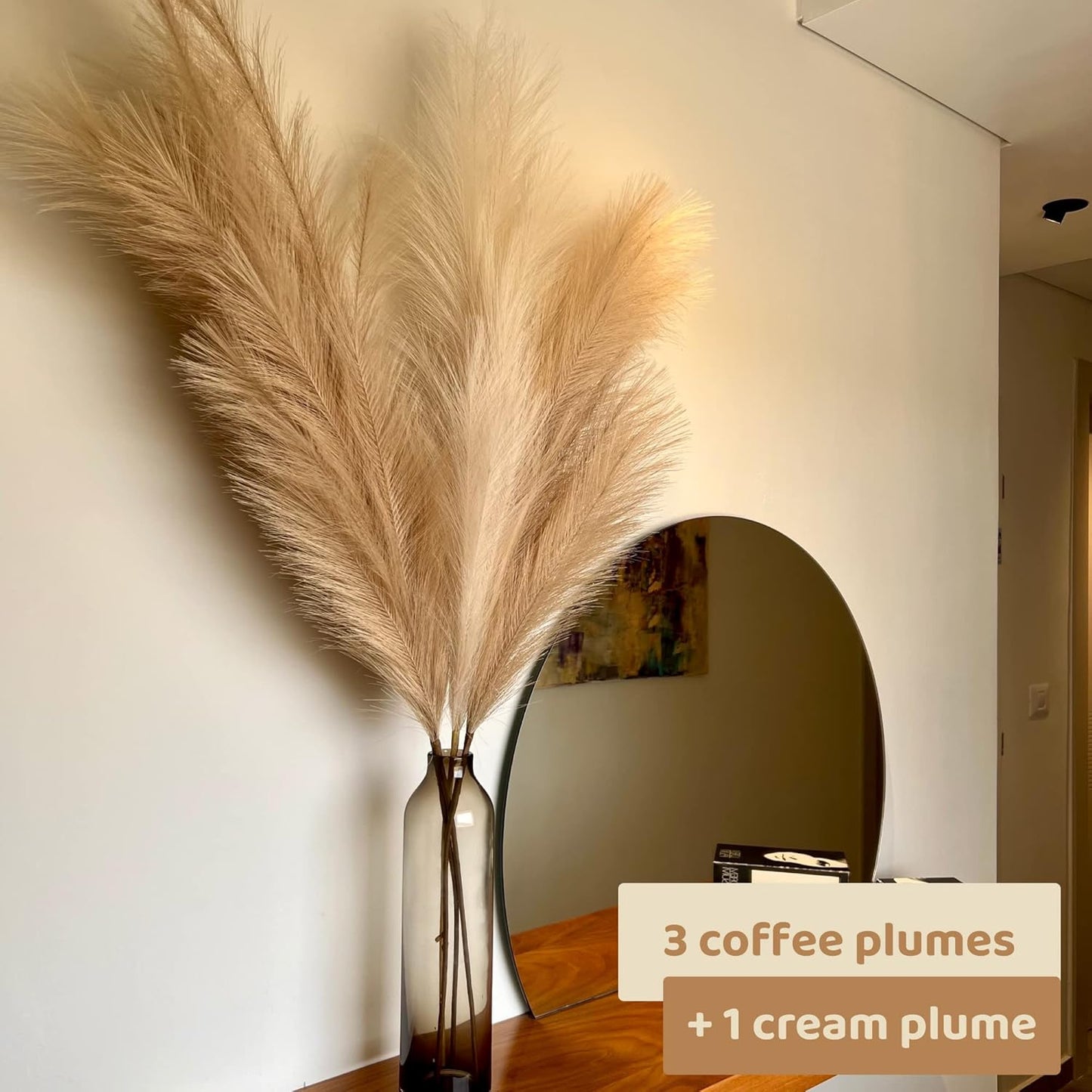 Artificial Large Pampas Grass Decor for Floor Vase / Coffee & Cream / 3.6 ft / Set of 4