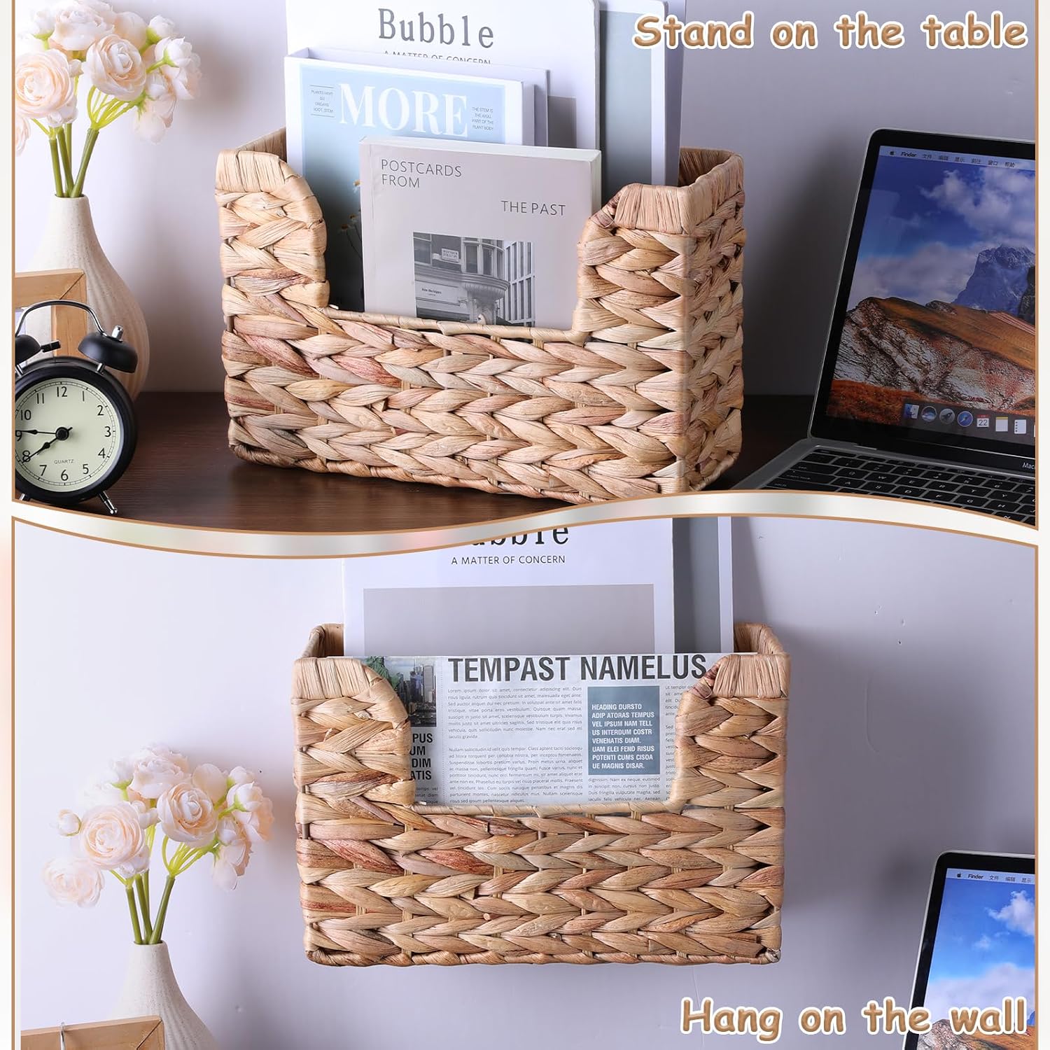 Woven Hanging Magazine Holder Water Hyacinth Storage Basket Wall Mounted Wicker Organizer Boho