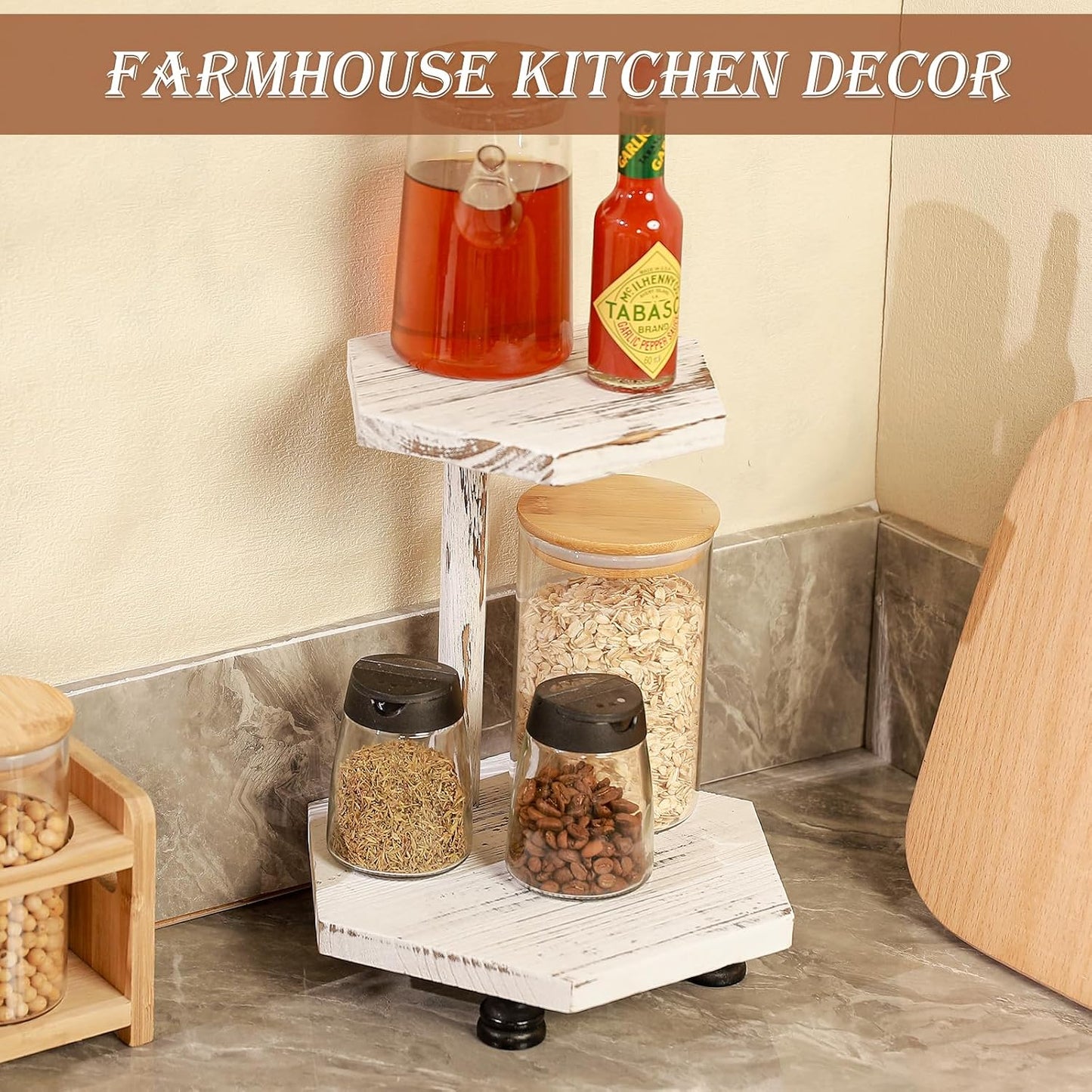 Decorative Tray / 2-Tier Wood Farmhouse Riser / Hexagonal-white-2tier
