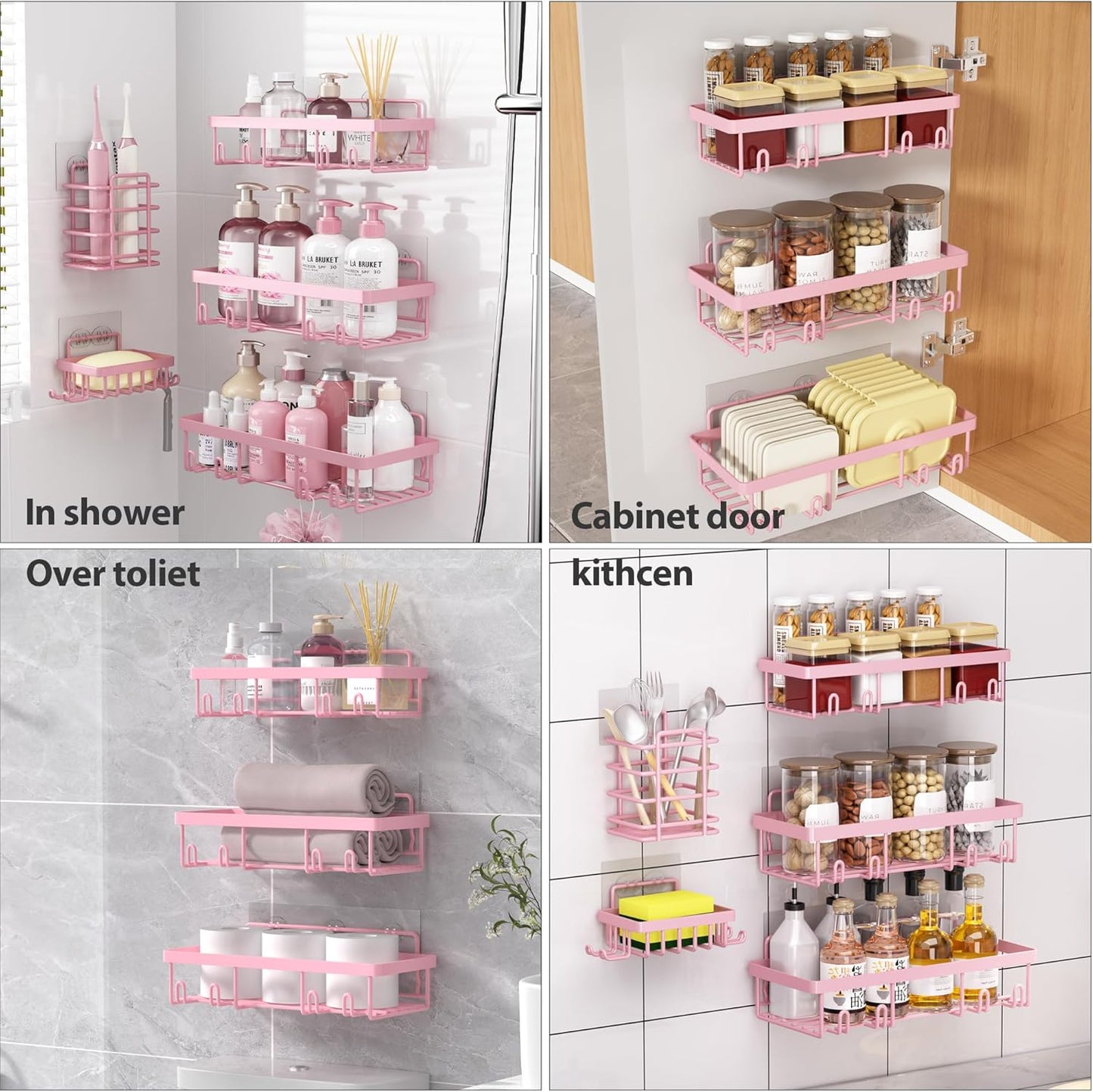 Adhesive Bathroom Wall Storage Basket Rustproof / Pink / Set of 5