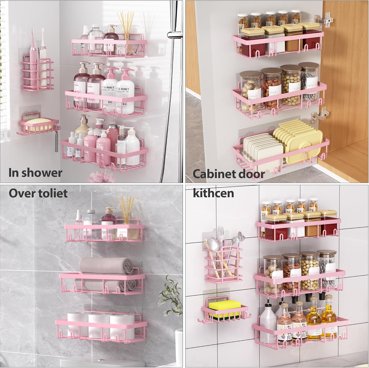 Adhesive Bathroom Wall Storage Basket Rustproof / Pink / Set of 5