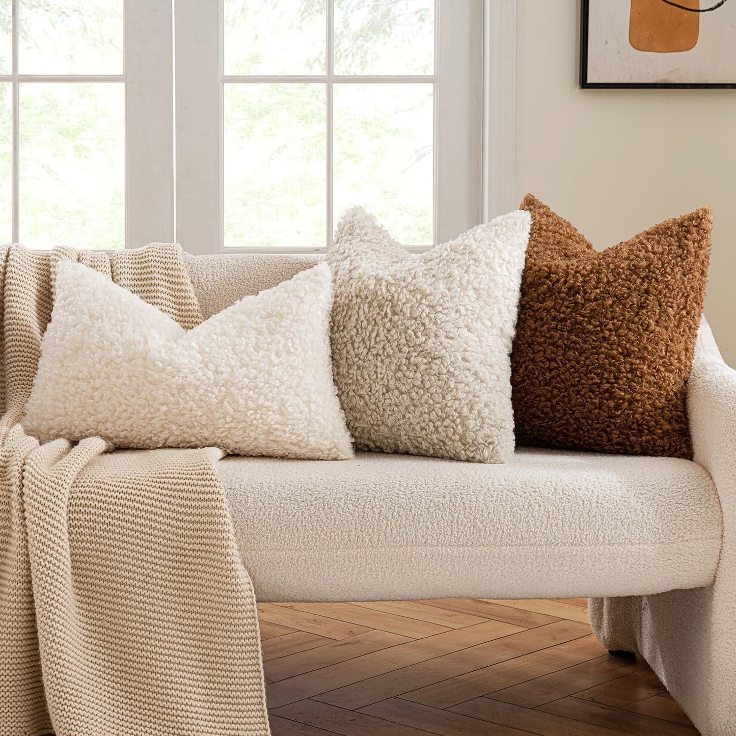 Faux Fur Throw Pillow Covers Boucle Decorative Sherpa Pillow / 18 x 18 / Neutral Oatmeal / Set of 2