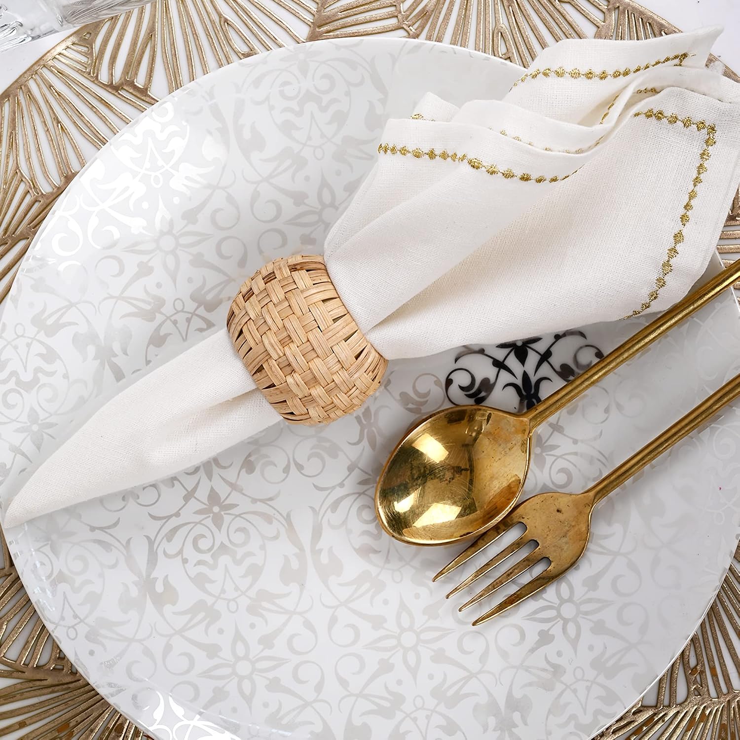 Alpha Living Home Cane Jute Napkin Rings, Natural, Set of 12 | Natural cane & plastic, 1.75x1.75 in, boho farmhouse