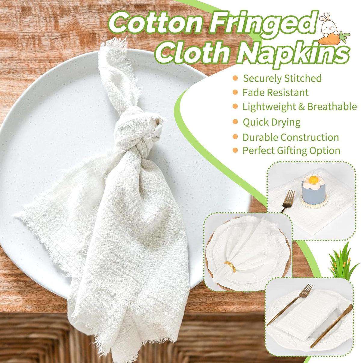 Showgeous 30 Pack White Cloth Napkins with Fringe, 16x16 inch 100% Cotton | White Napkins Handmade Dinner Napkins Bulk