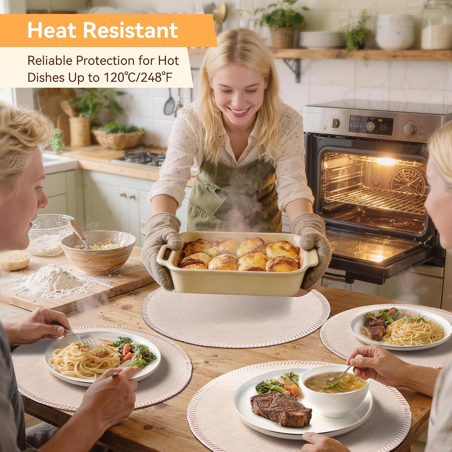Round Placemats Set of 8 - Machine Washable Linen-Like Cloth Place Mats & Heat-Resistant for Dining Table - Ideal for