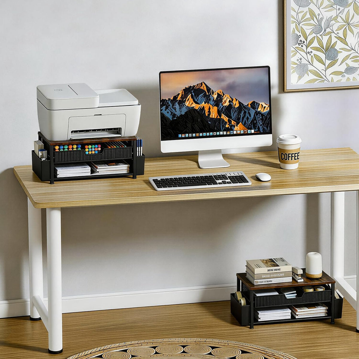 Printer Stand for Desk, Desk Organizer with Storage, Desktop Printer Table for Home Office, Multi-Purpose Shelves for