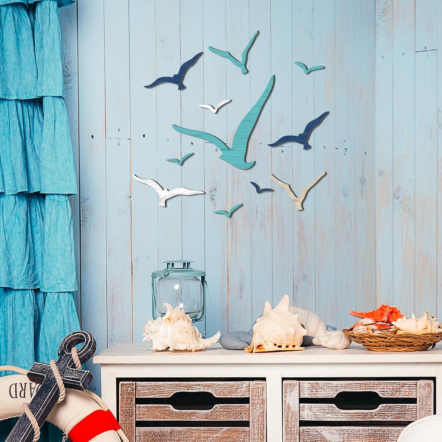 Wooden Seagull Wall Decor Nautical Theme Beach Coastal Art Small / Brown Blue White / Set of 11
