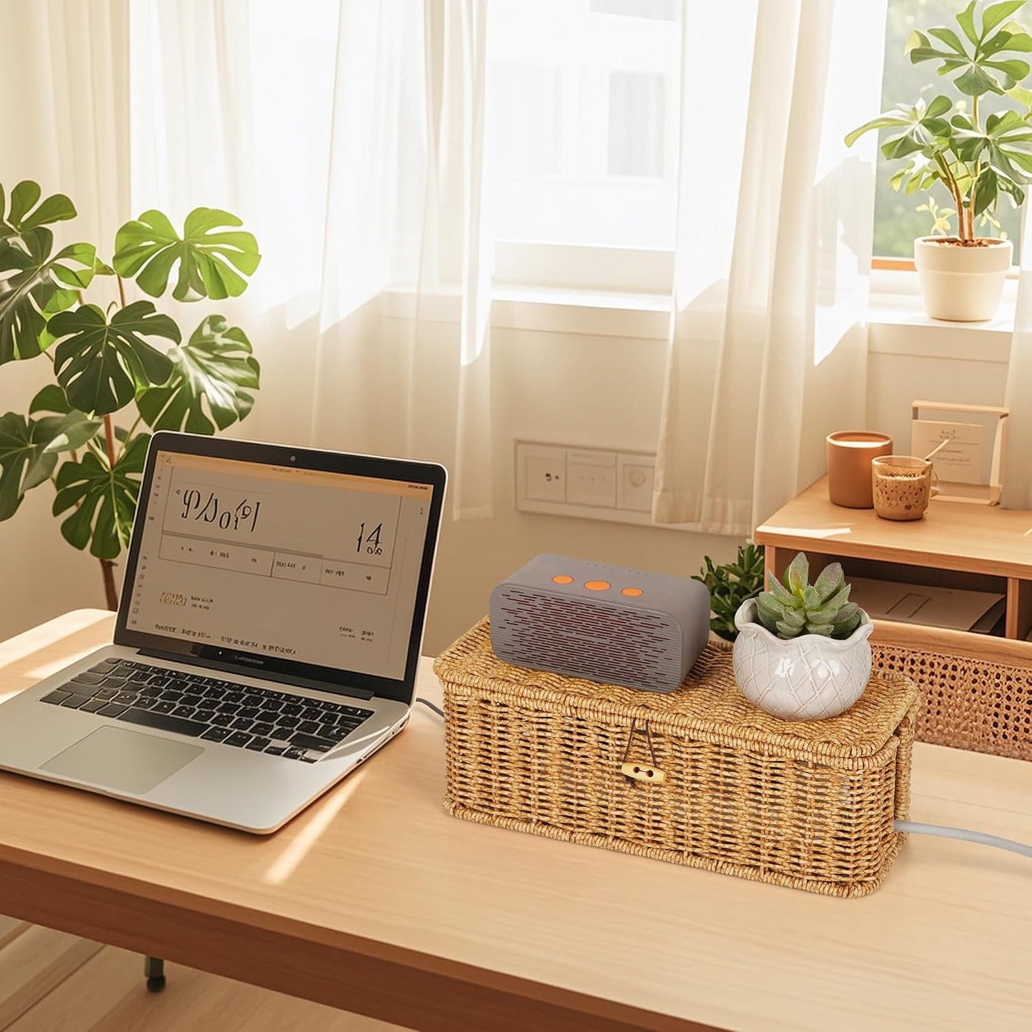 Handwoven Faux Rattan Cord Organizer Box / Natural / Rectangle