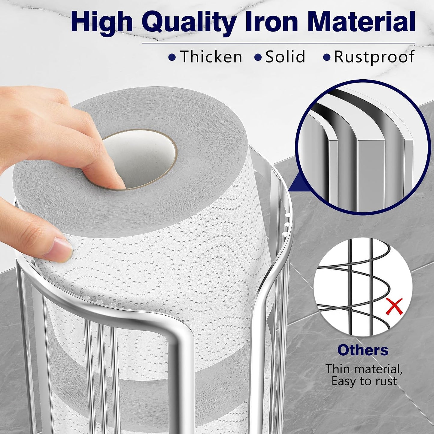 Epicano Toilet Paper Holder Stand Frees Standing,Silver | Minimalist Design, Raised Feet,Rustproof,Fit 3 Mega Rolls,No