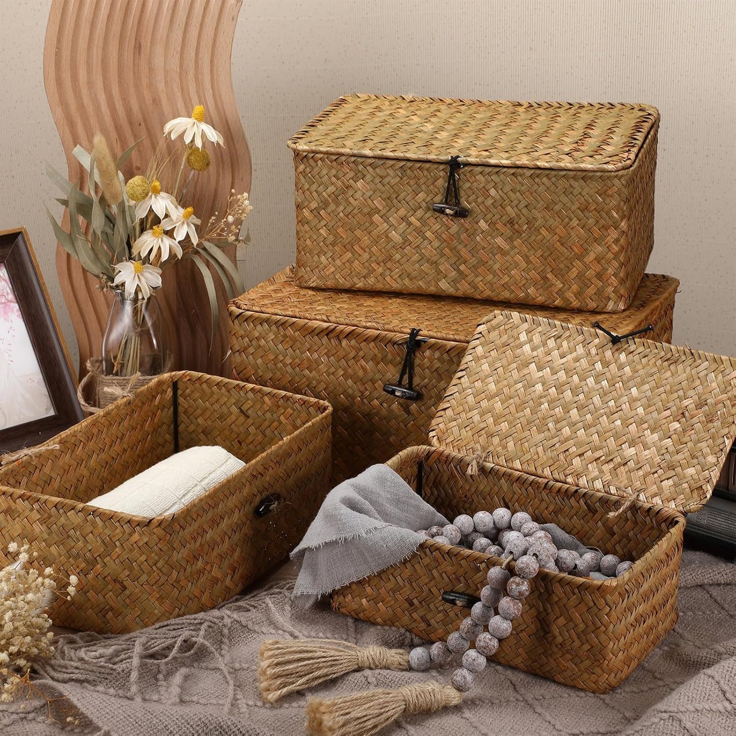Wicker Baskets / Woven Rectangular Basket Bins / Orange / Set of 4