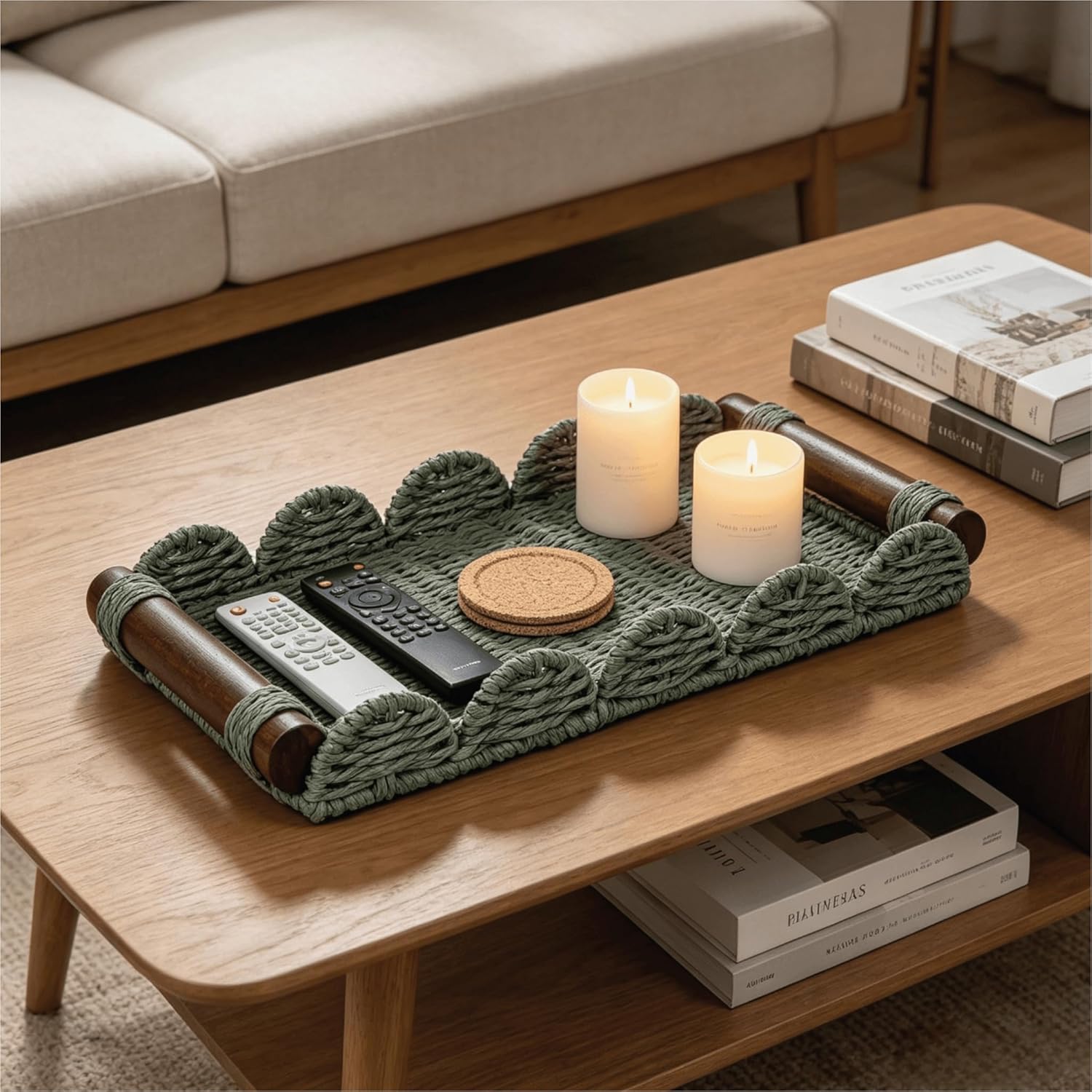 Scalloped Decorative Tray w/Wood Handle for Counter / Green / 13 x 6.3 x 1.6