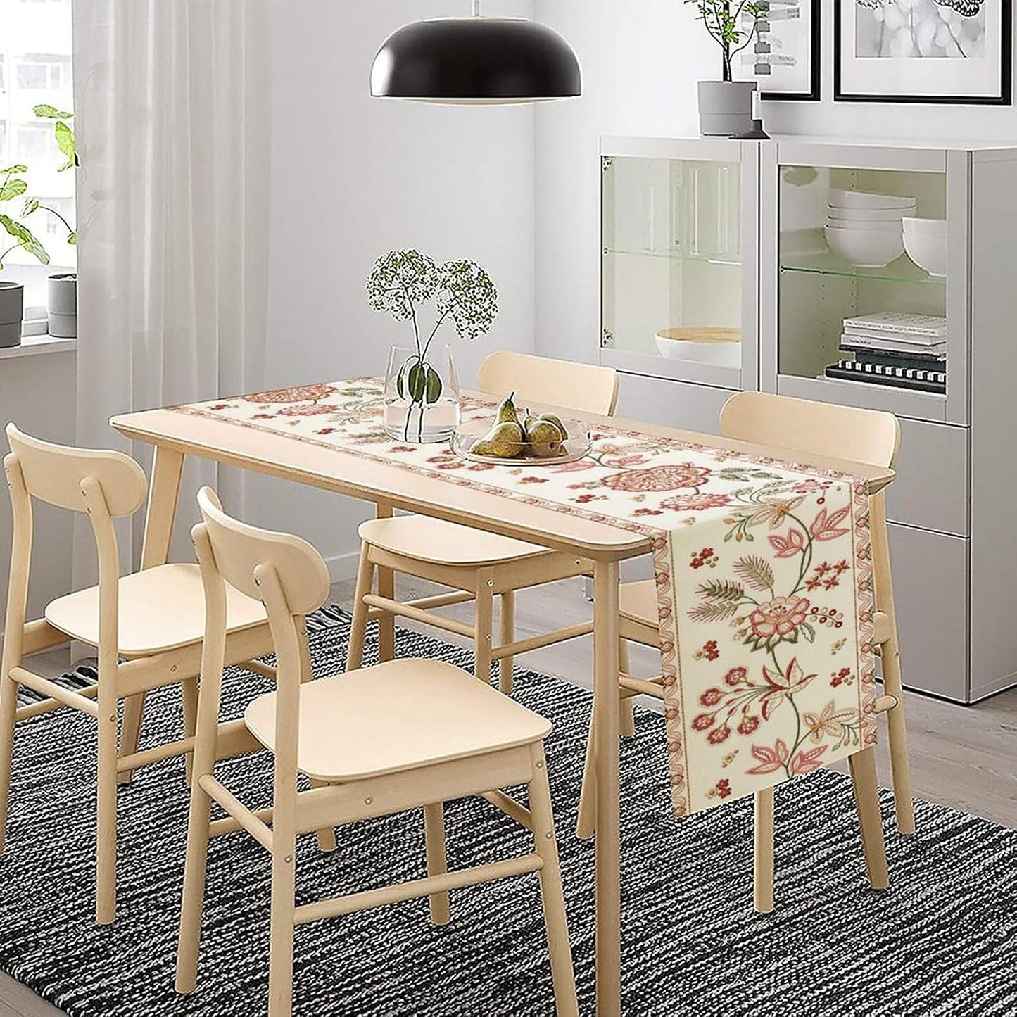 Rustic Floral Table Runner, Ethnic Style Leaf Floral Art Design Patterns Printed Linen Table Runner for Home Kitchen