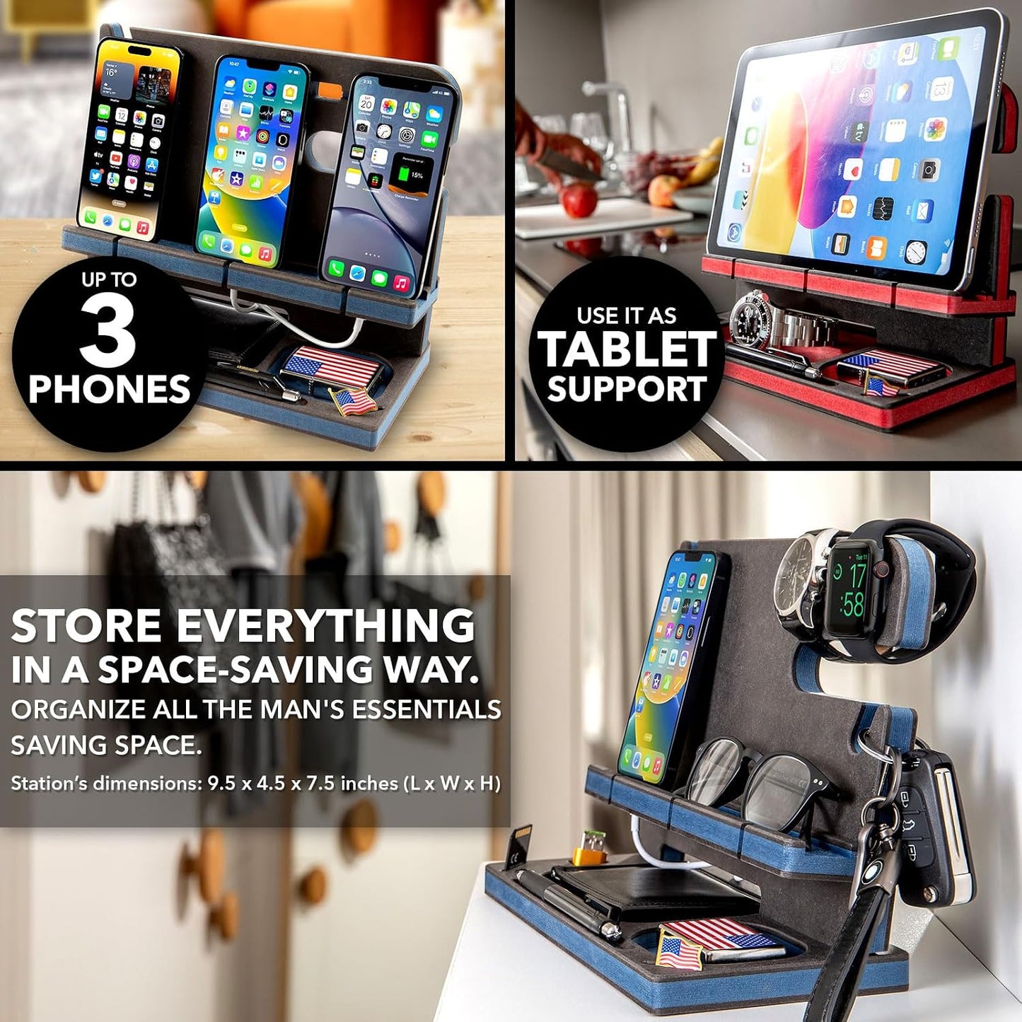 GRETAOTO Wooden Docking Station for Cell Phone, Tablet, Wallet, Gadgets, Watch, Keys, Accessories, Essentials Desk
