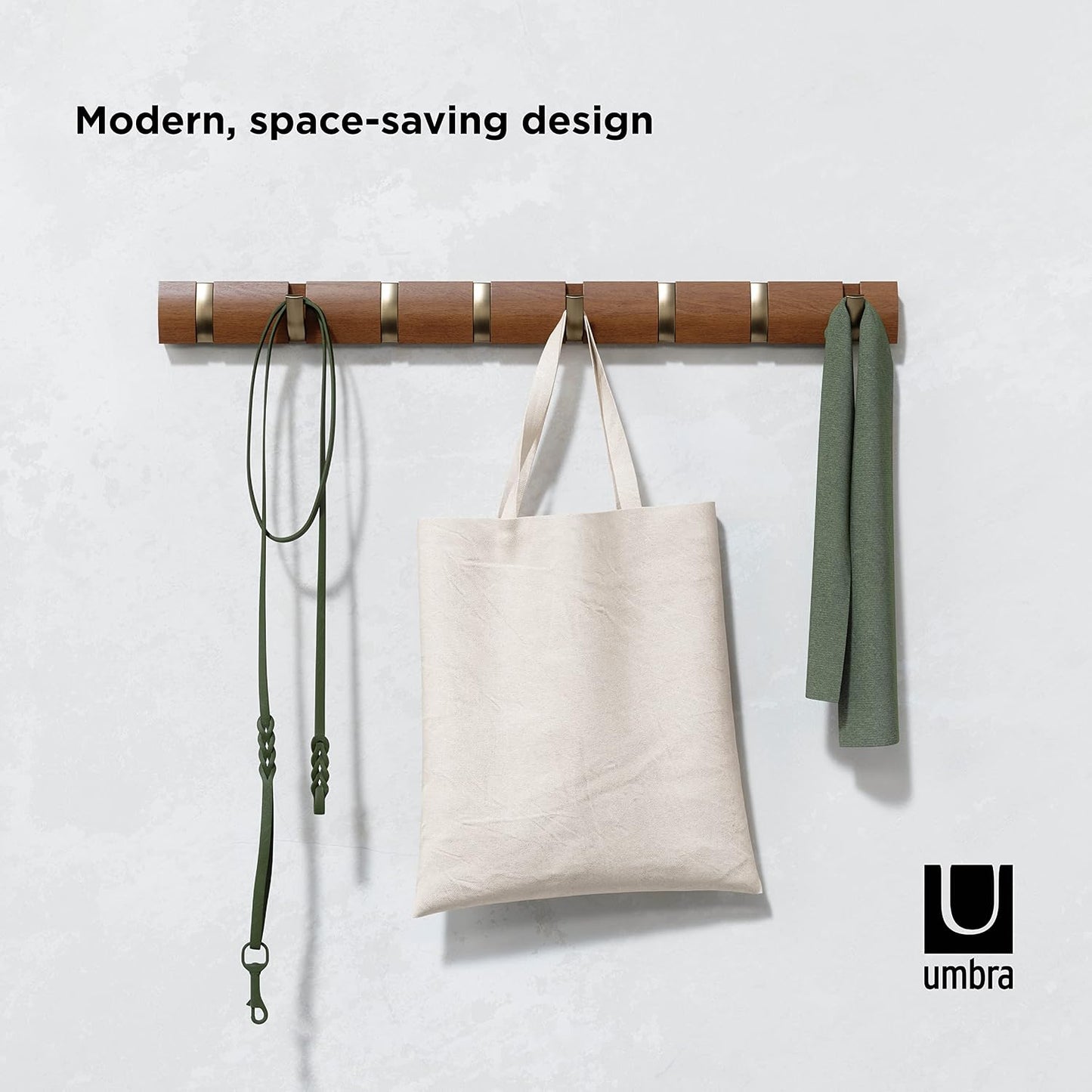 Umbra Flip Coat Rack, Wall Mount 8-Hook, Space Saving, Light Walnut/Warm Gold