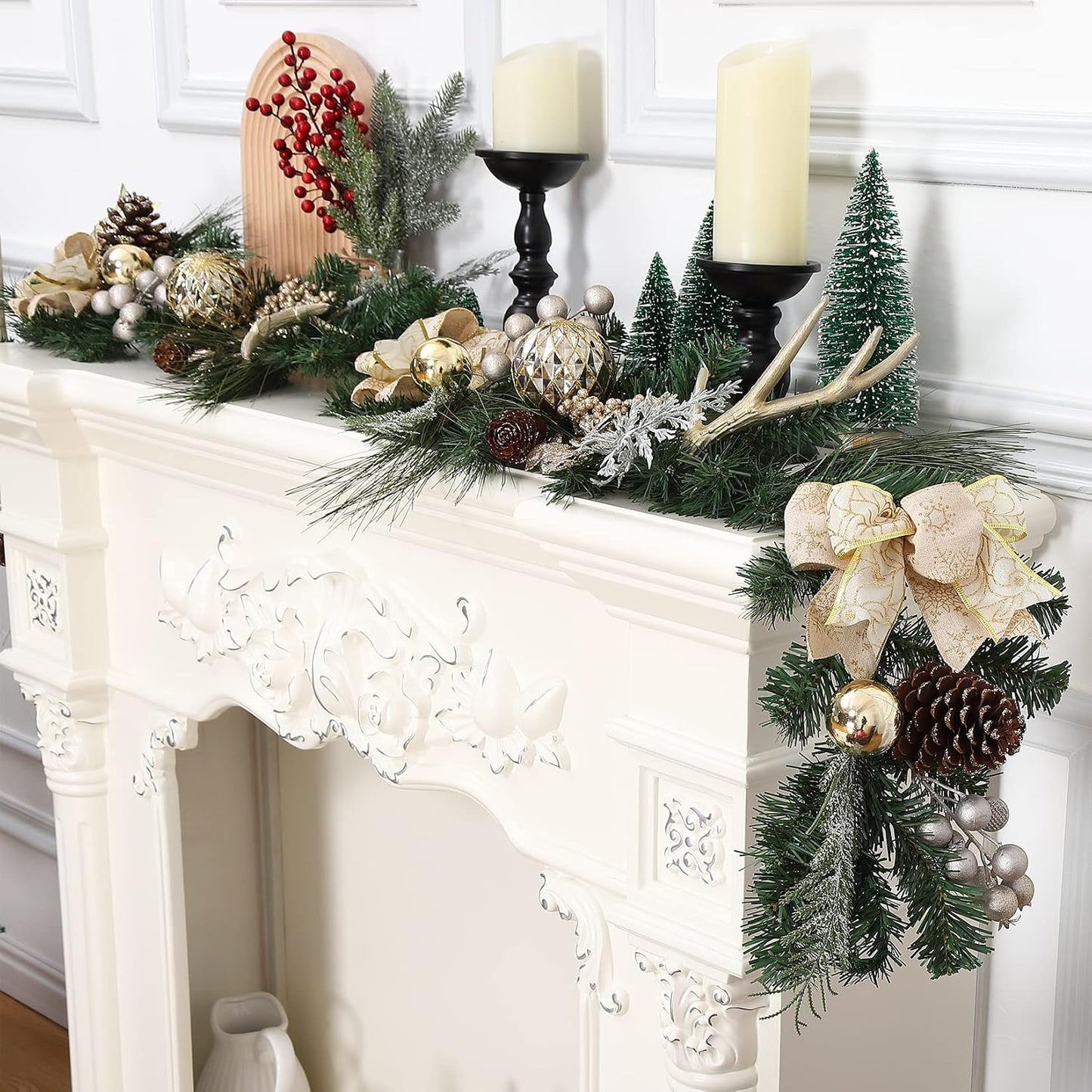 Christmas Garland with Lights, Champagne Gold 6FT 20LED Pre-Lit Christmas Garland with Ball Ornaments, Ribbons, Pine
