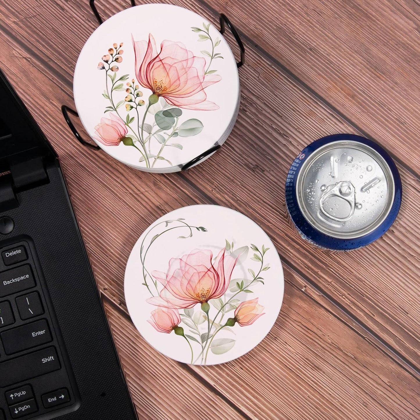 Watercolor X- and Eucalyptus Absorbent Ceramic Stone Mat Coaster / Ray Roses / Round / Set of 6